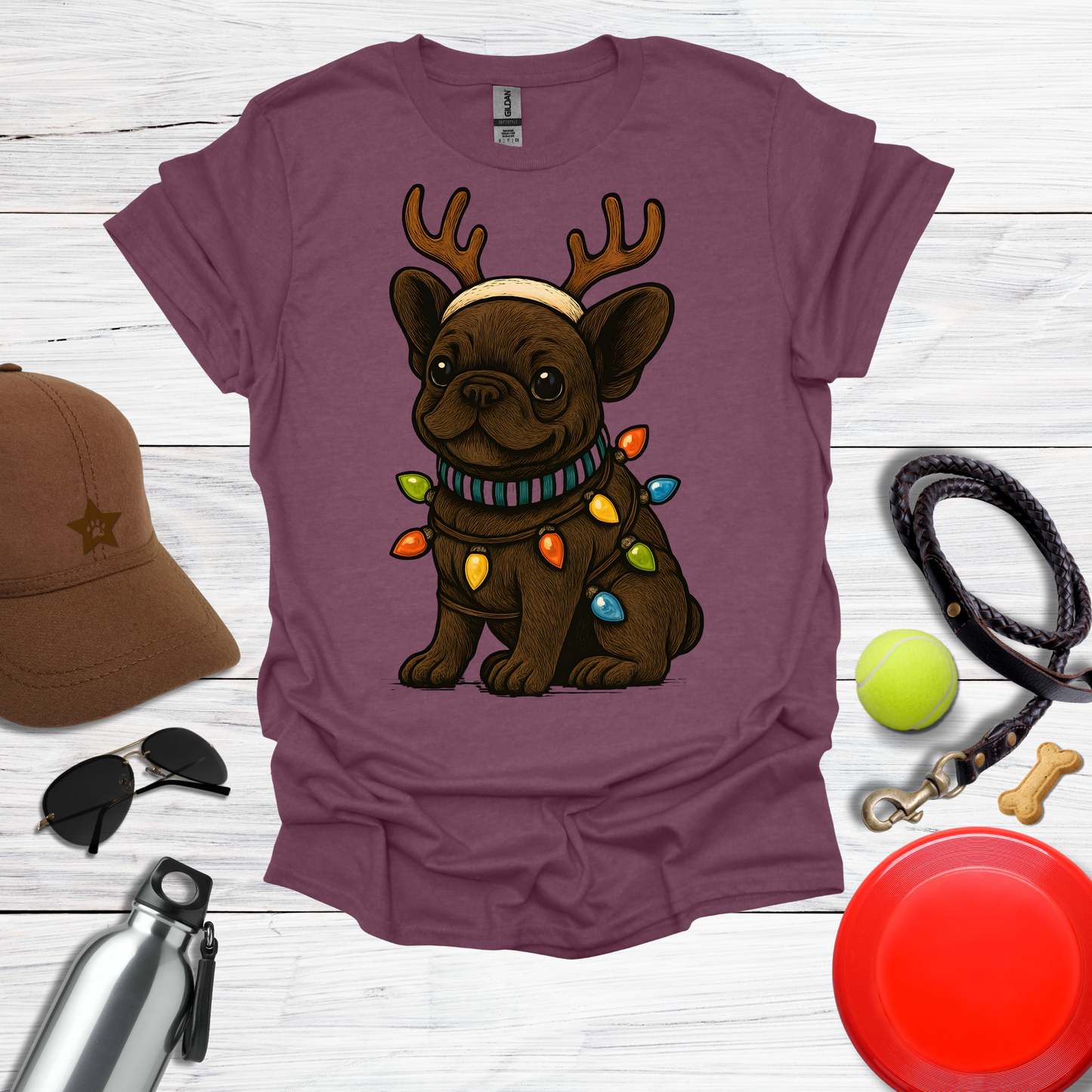 Cute Frenchie with Reindeer Antlers & Holiday Lights T-Shirts