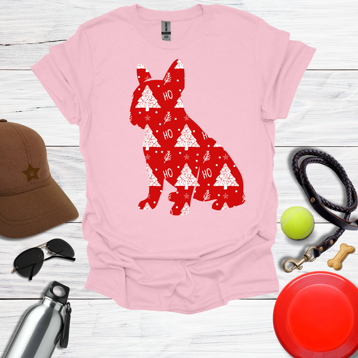 Frenchie Wrapped in Red 'Ho Ho' Tree Paper T-Shirt