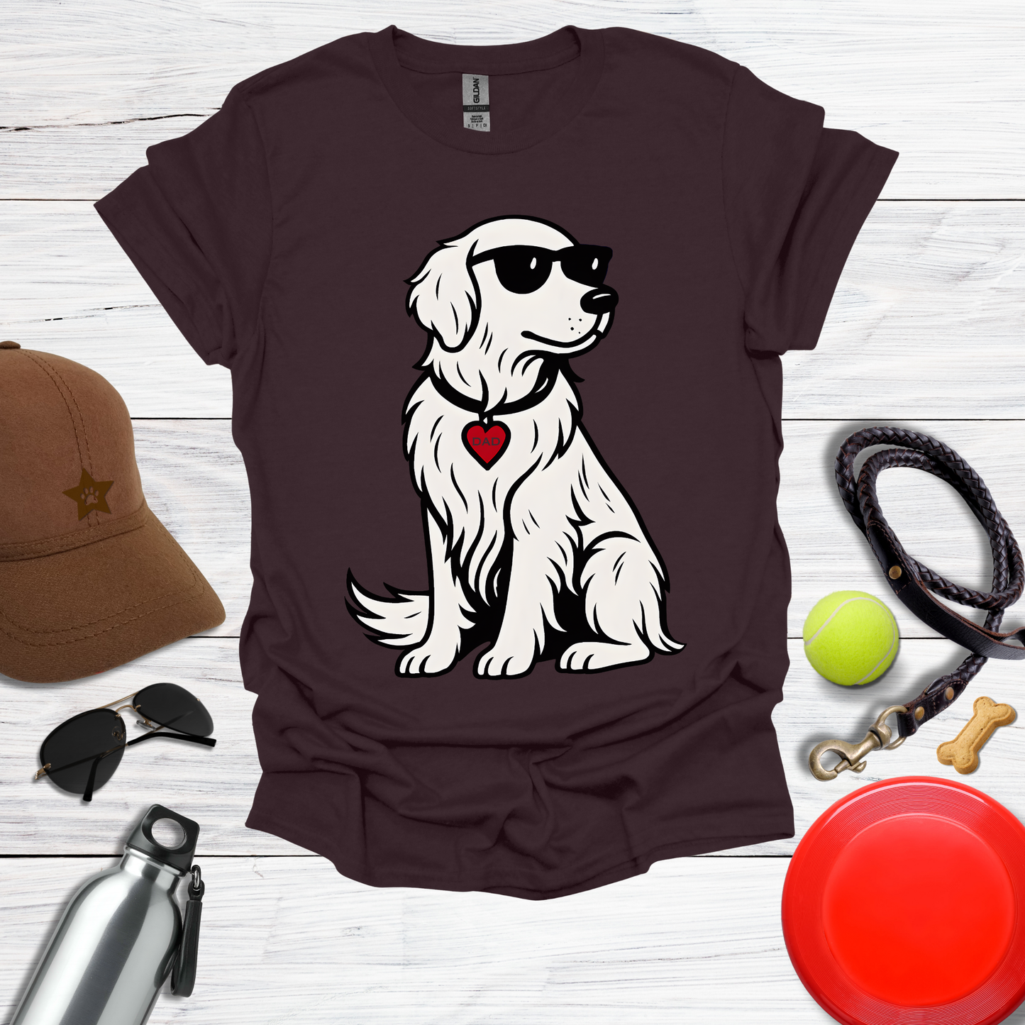 Cool Golden Retriever with Sunglasses and DAD Heart Tag T-Shirt