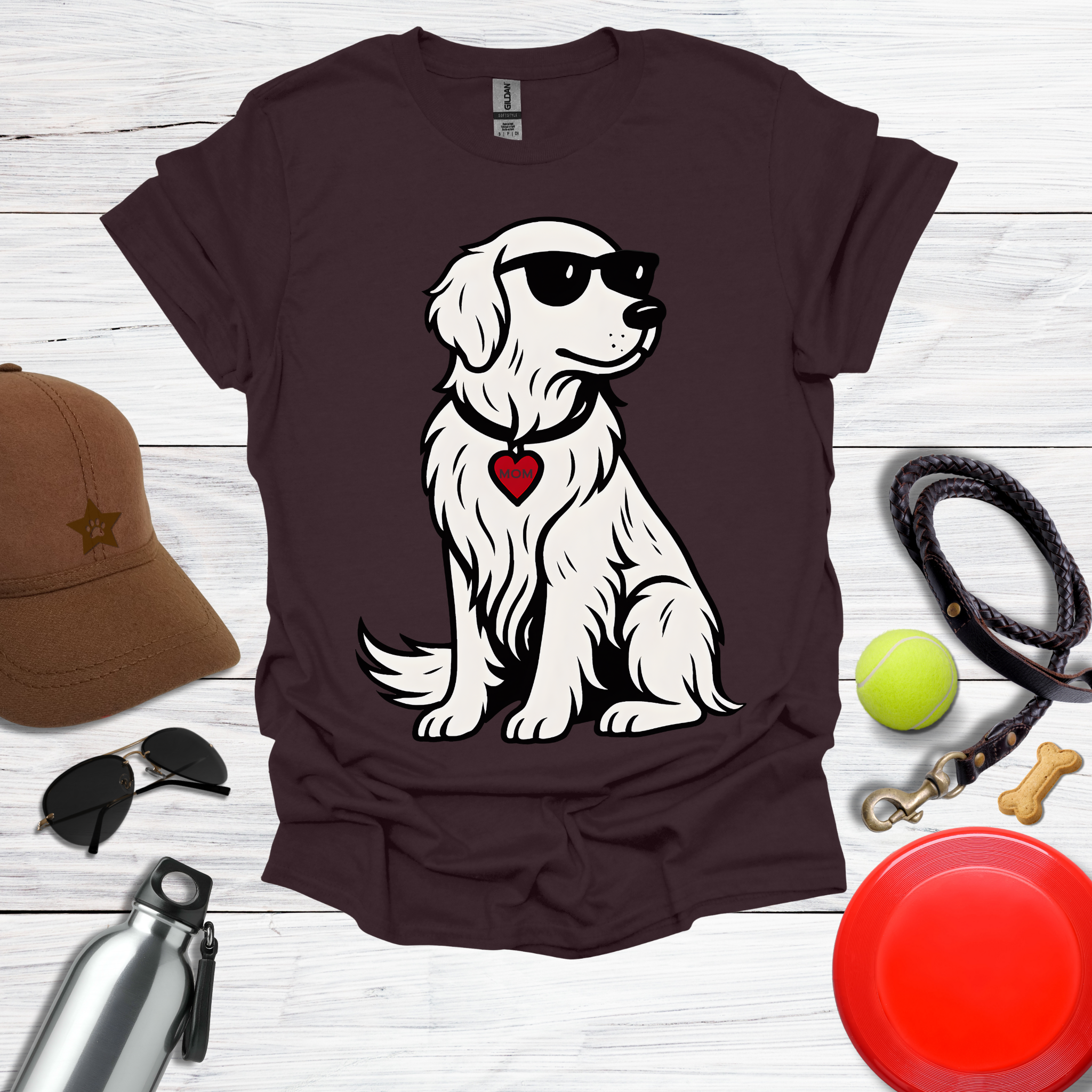 Cool Golden Retriever with Sunglasses and MOM Heart Tag T-Shirt