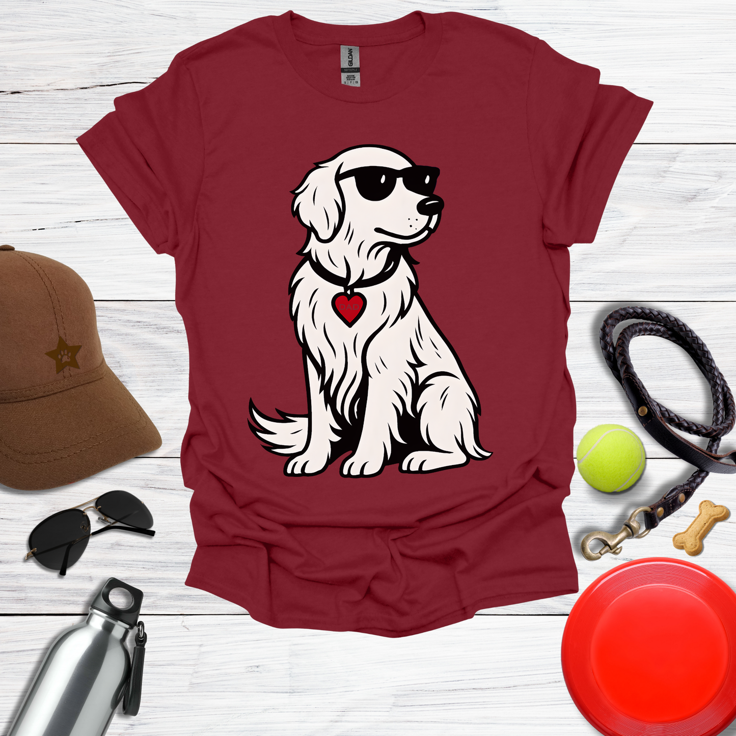 Cool Golden Retriever with Sunglasses and DAD Heart Tag T-Shirt