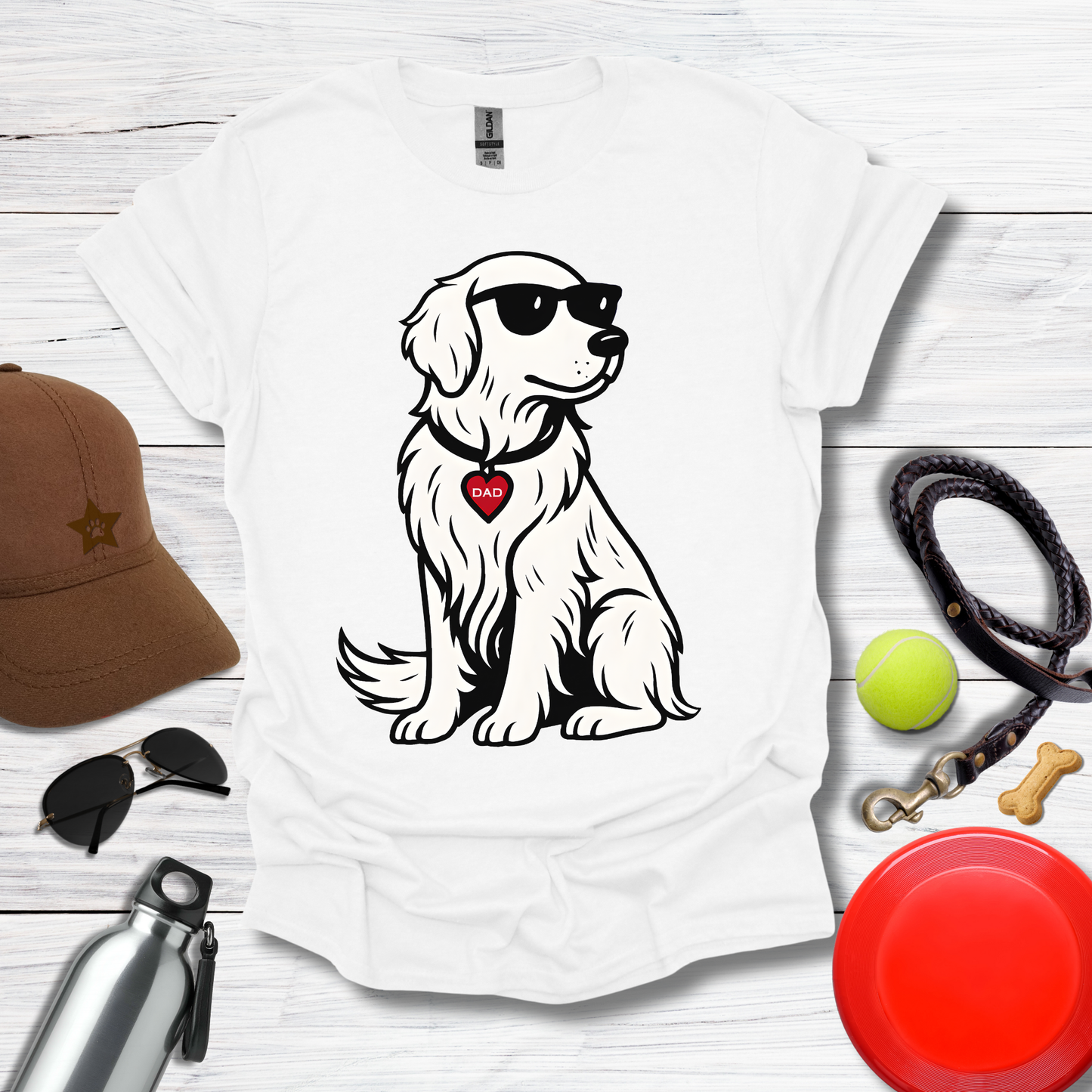 Cool Golden Retriever with Sunglasses and DAD Heart Tag T-Shirt