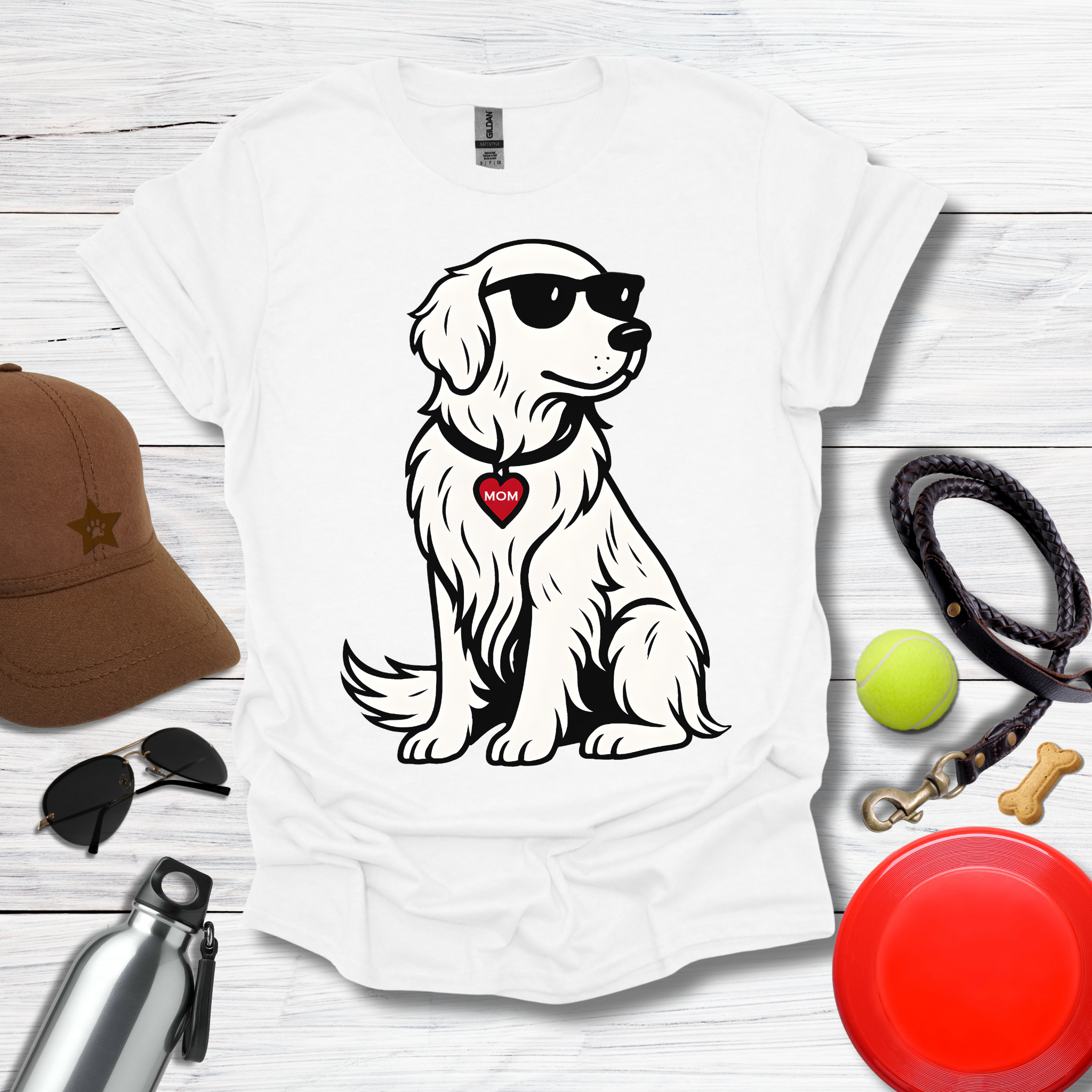 Cool Golden Retriever with Sunglasses and MOM Heart Tag T-Shirt