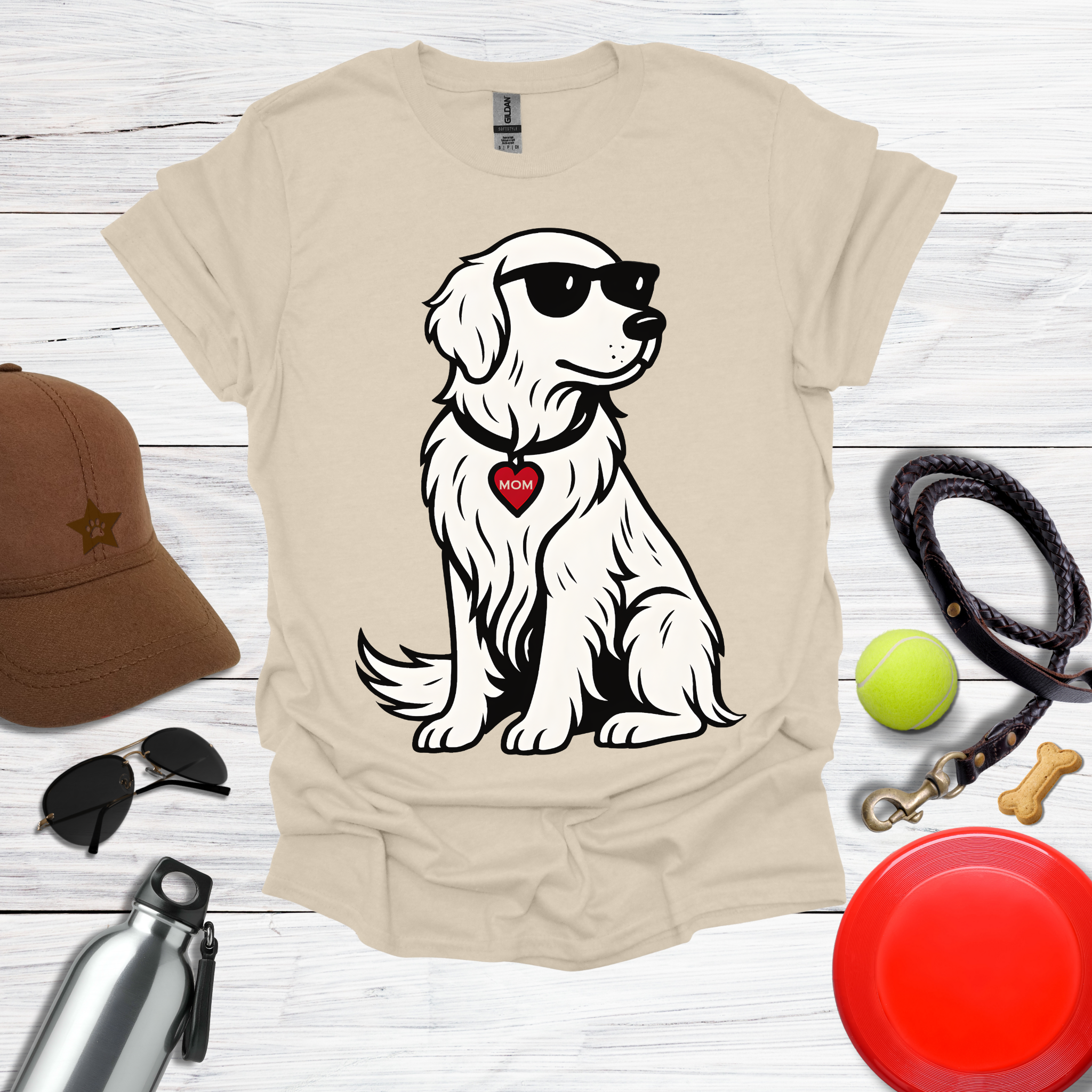 Cool Golden Retriever with Sunglasses and MOM Heart Tag T-Shirt