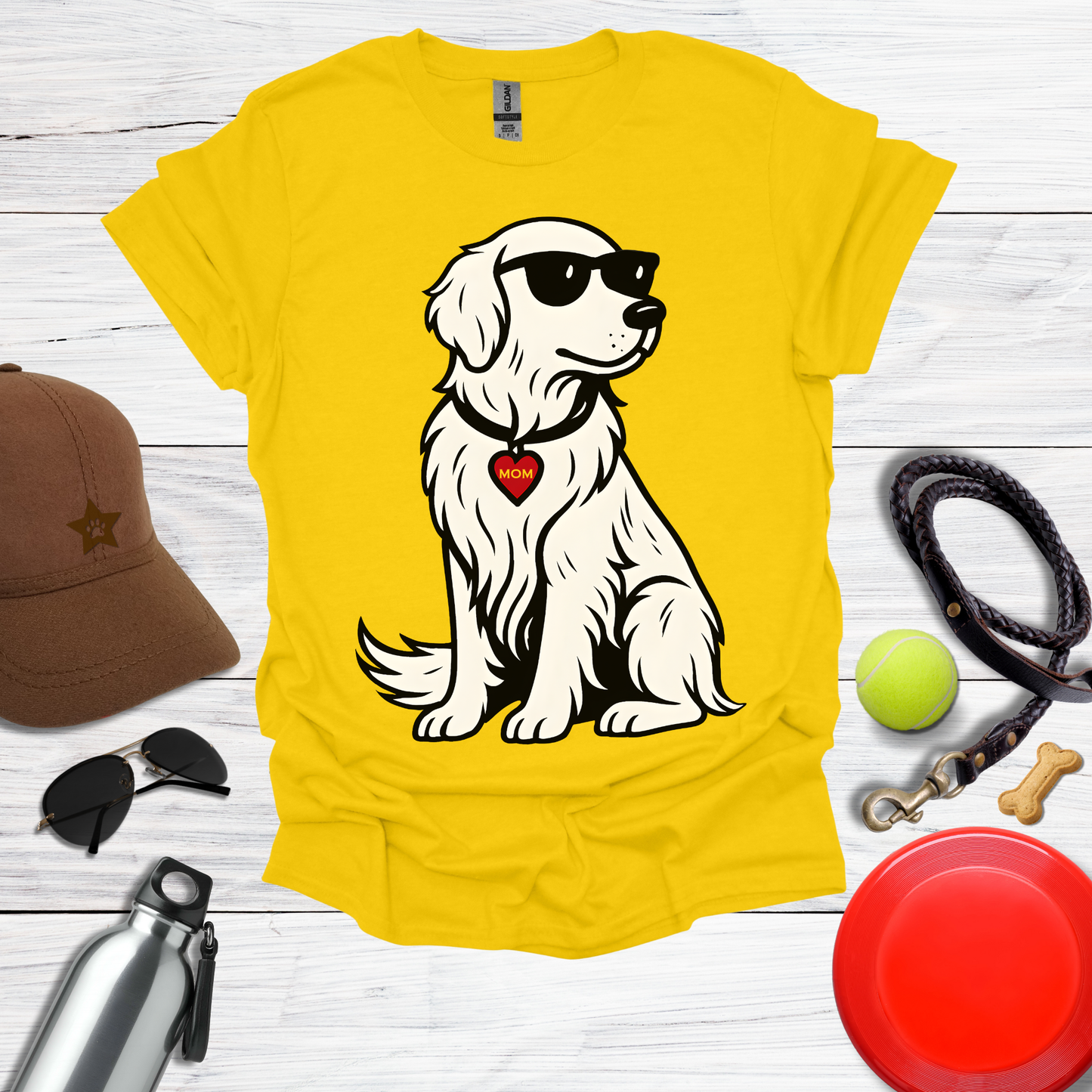 Cool Golden Retriever with Sunglasses and MOM Heart Tag T-Shirt