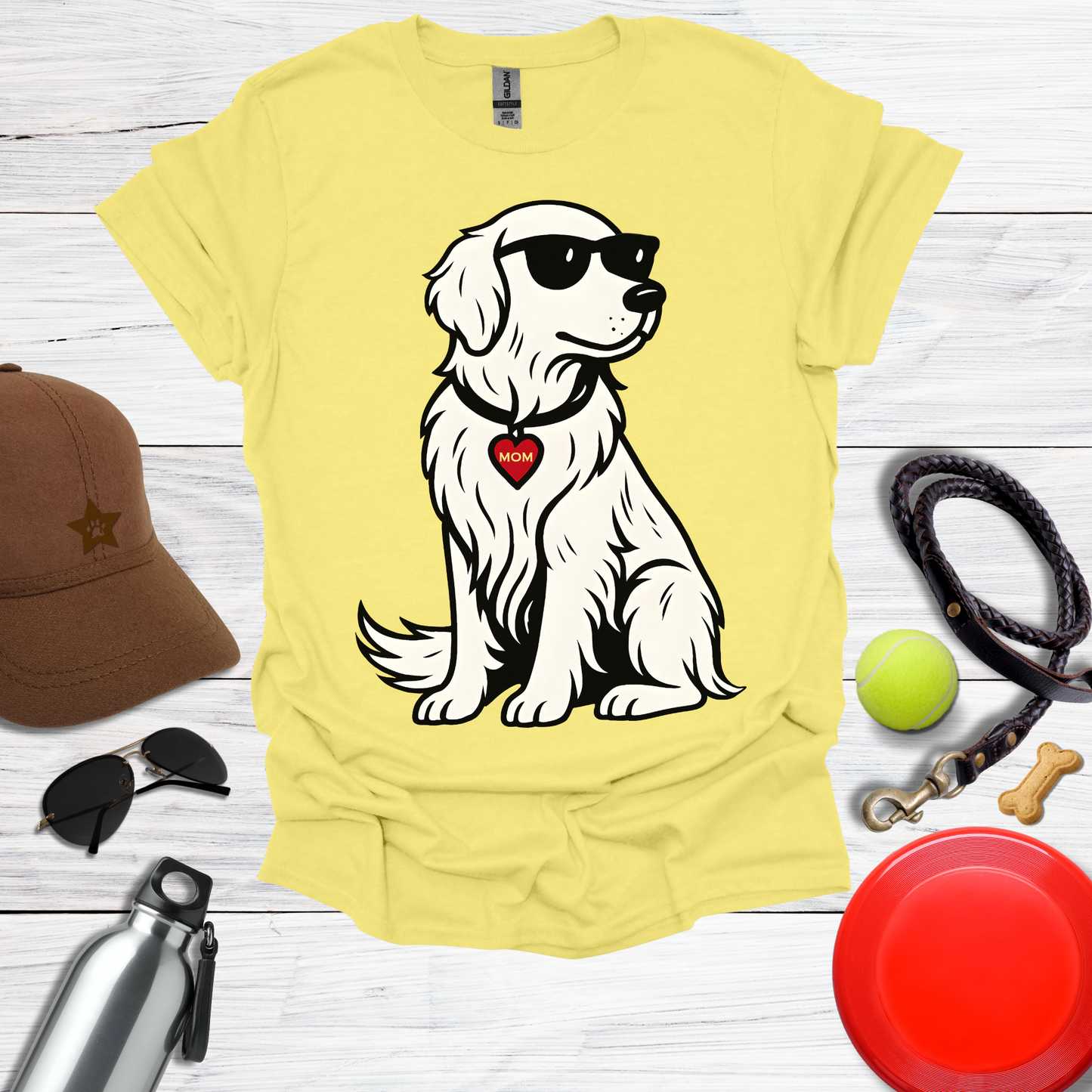 Cool Golden Retriever with Sunglasses and MOM Heart Tag T-Shirt