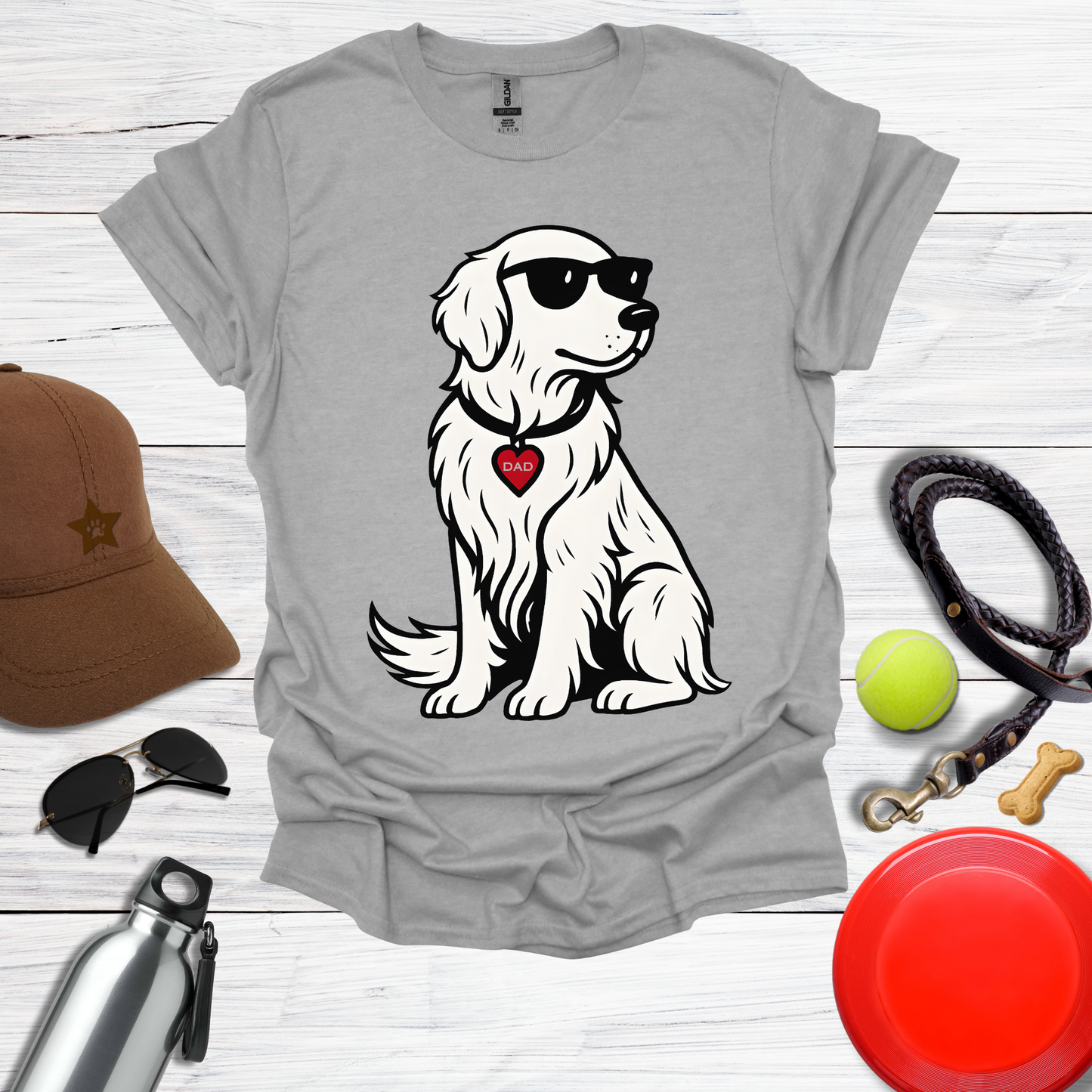 Cool Golden Retriever with Sunglasses and DAD Heart Tag T-Shirt