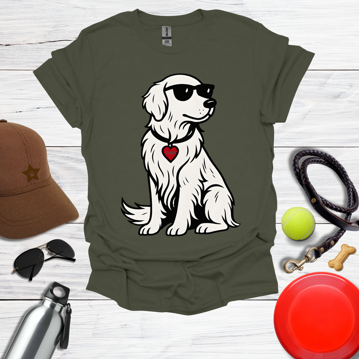 Cool Golden Retriever with Sunglasses and DAD Heart Tag T-Shirt