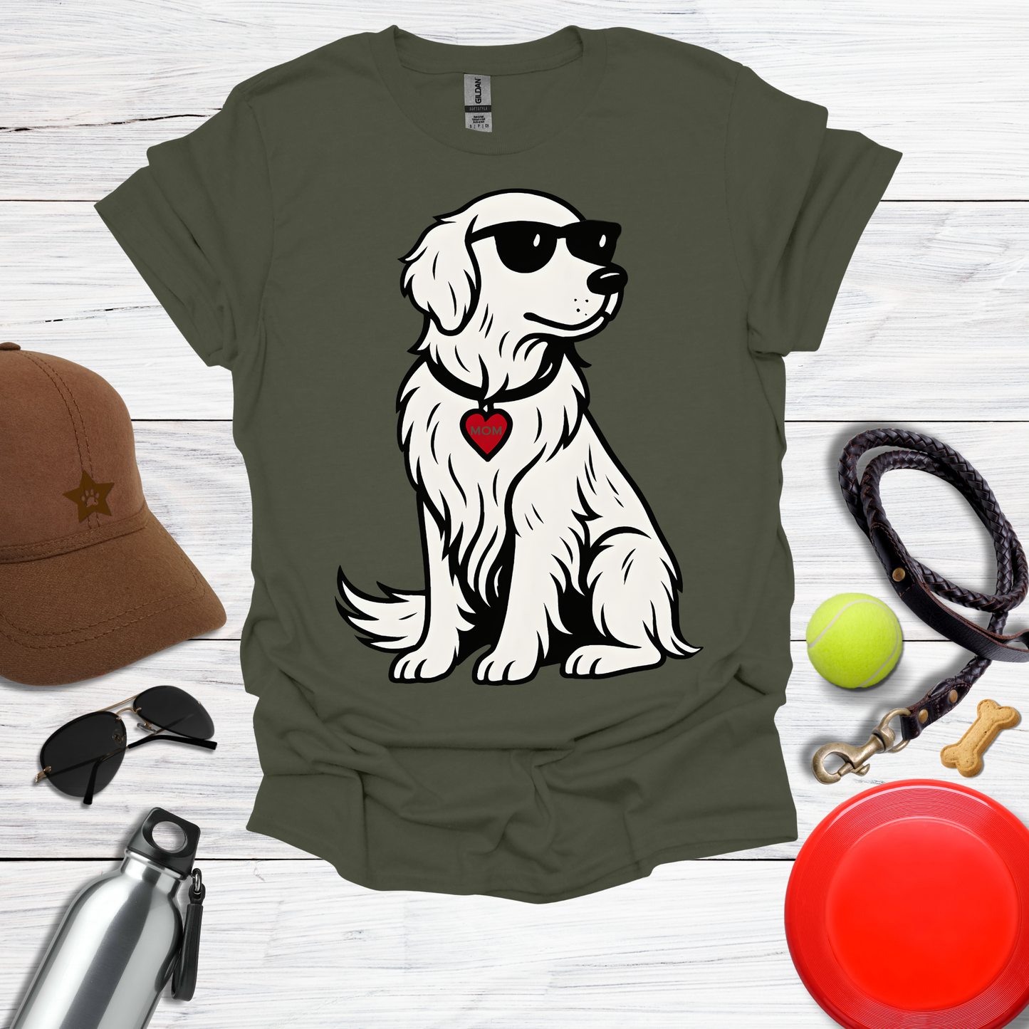Cool Golden Retriever with Sunglasses and MOM Heart Tag T-Shirt