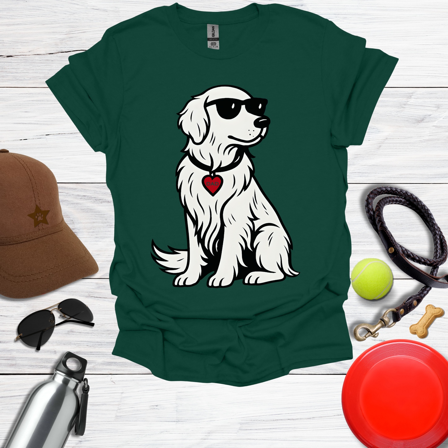 Cool Golden Retriever with Sunglasses and DAD Heart Tag T-Shirt