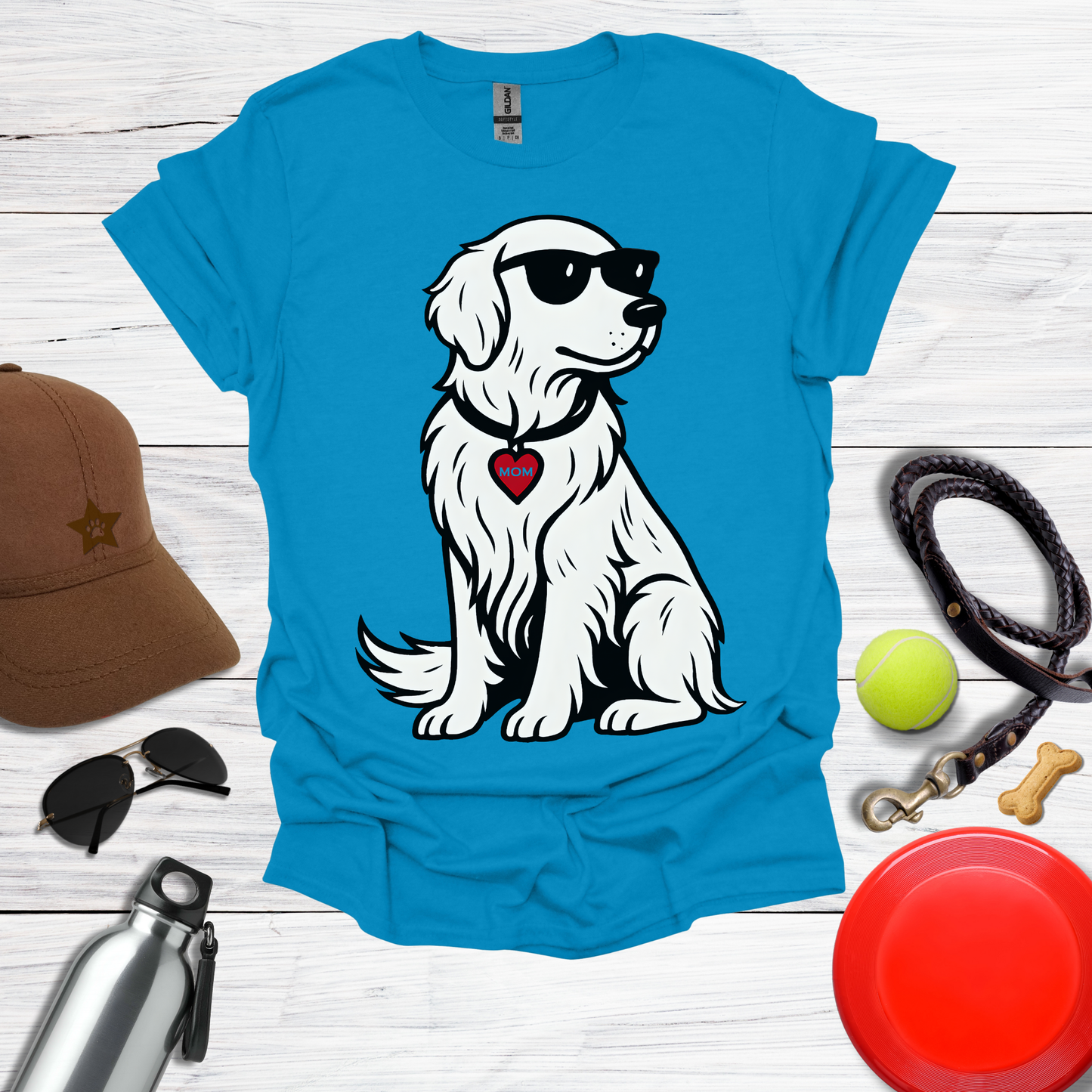 Cool Golden Retriever with Sunglasses and MOM Heart Tag T-Shirt