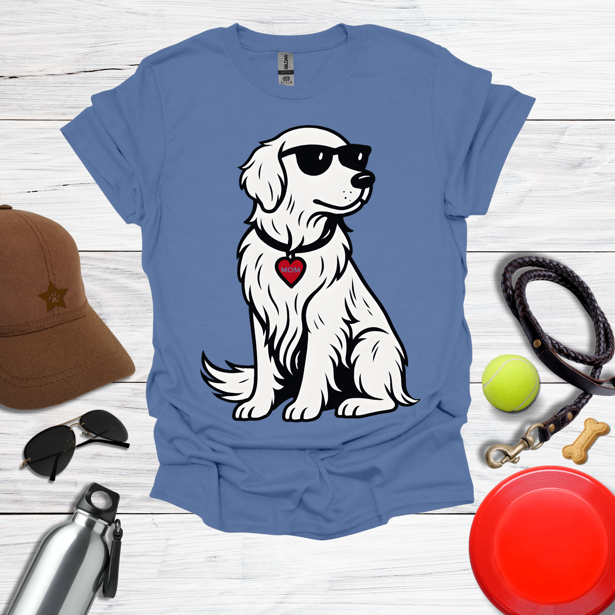 Cool Golden Retriever with Sunglasses and MOM Heart Tag T-Shirt