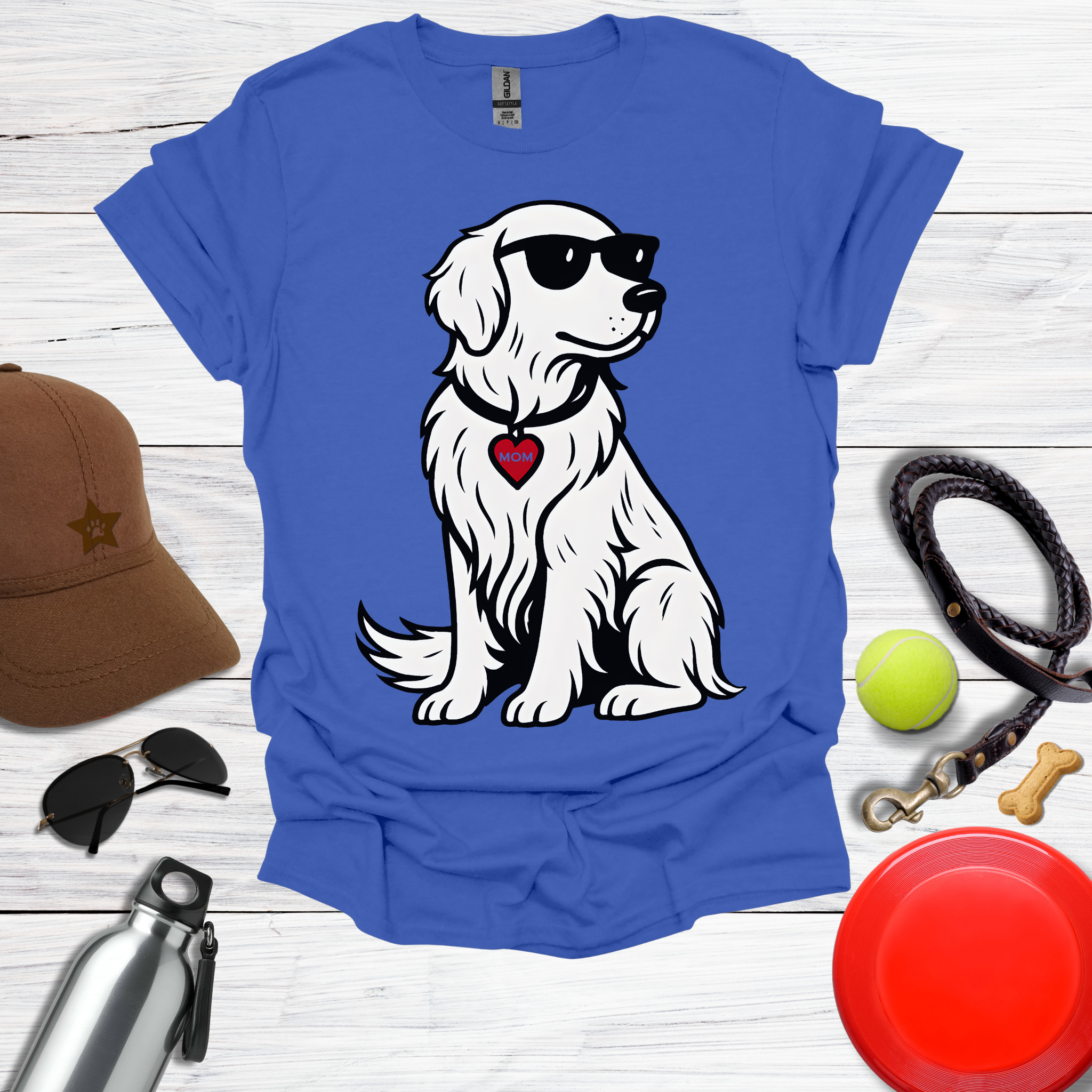 Cool Golden Retriever with Sunglasses and MOM Heart Tag T-Shirt