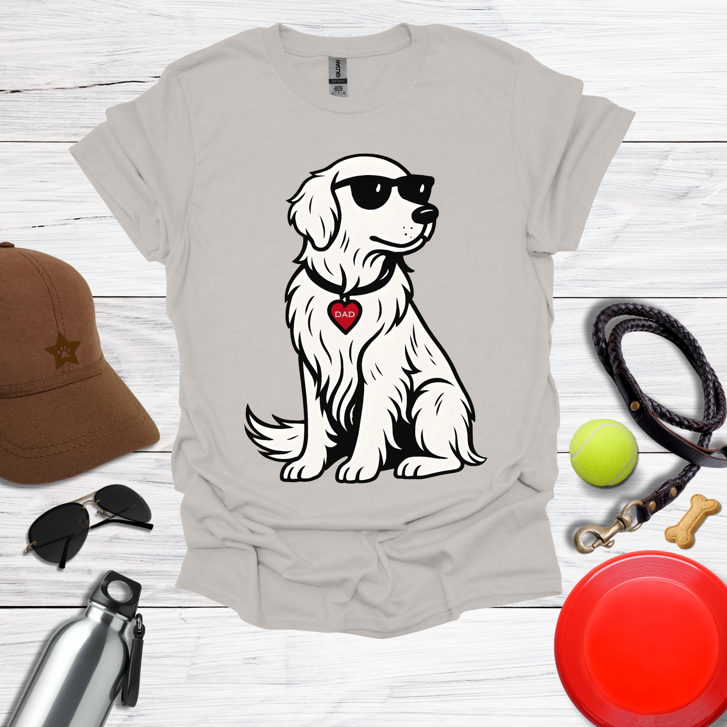 Cool Golden Retriever with Sunglasses and DAD Heart Tag T-Shirt