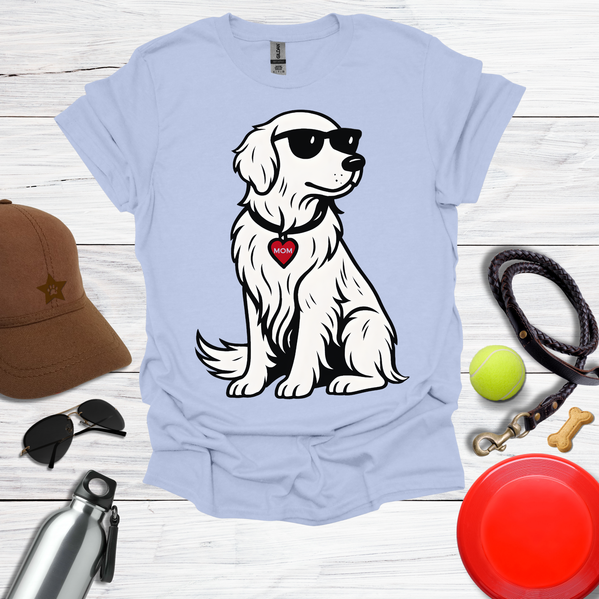 Cool Golden Retriever with Sunglasses and MOM Heart Tag T-Shirt