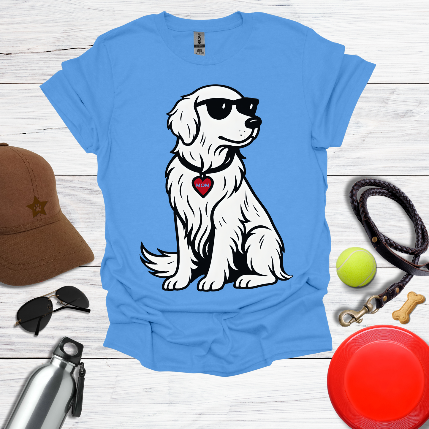 Cool Golden Retriever with Sunglasses and MOM Heart Tag T-Shirt