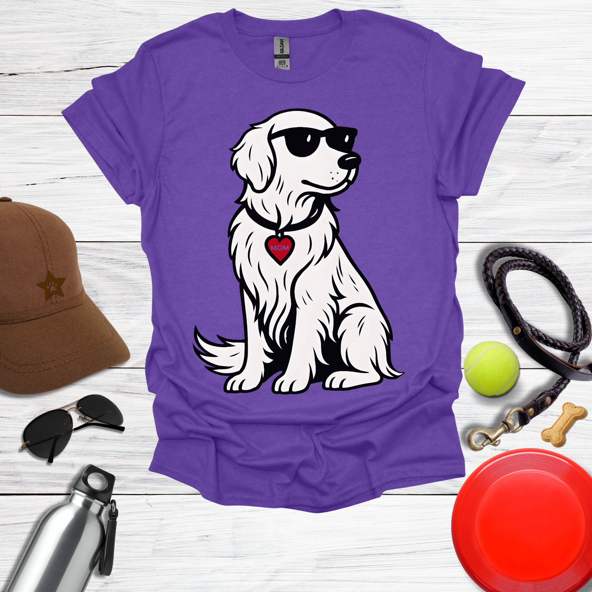 Cool Golden Retriever with Sunglasses and MOM Heart Tag T-Shirt