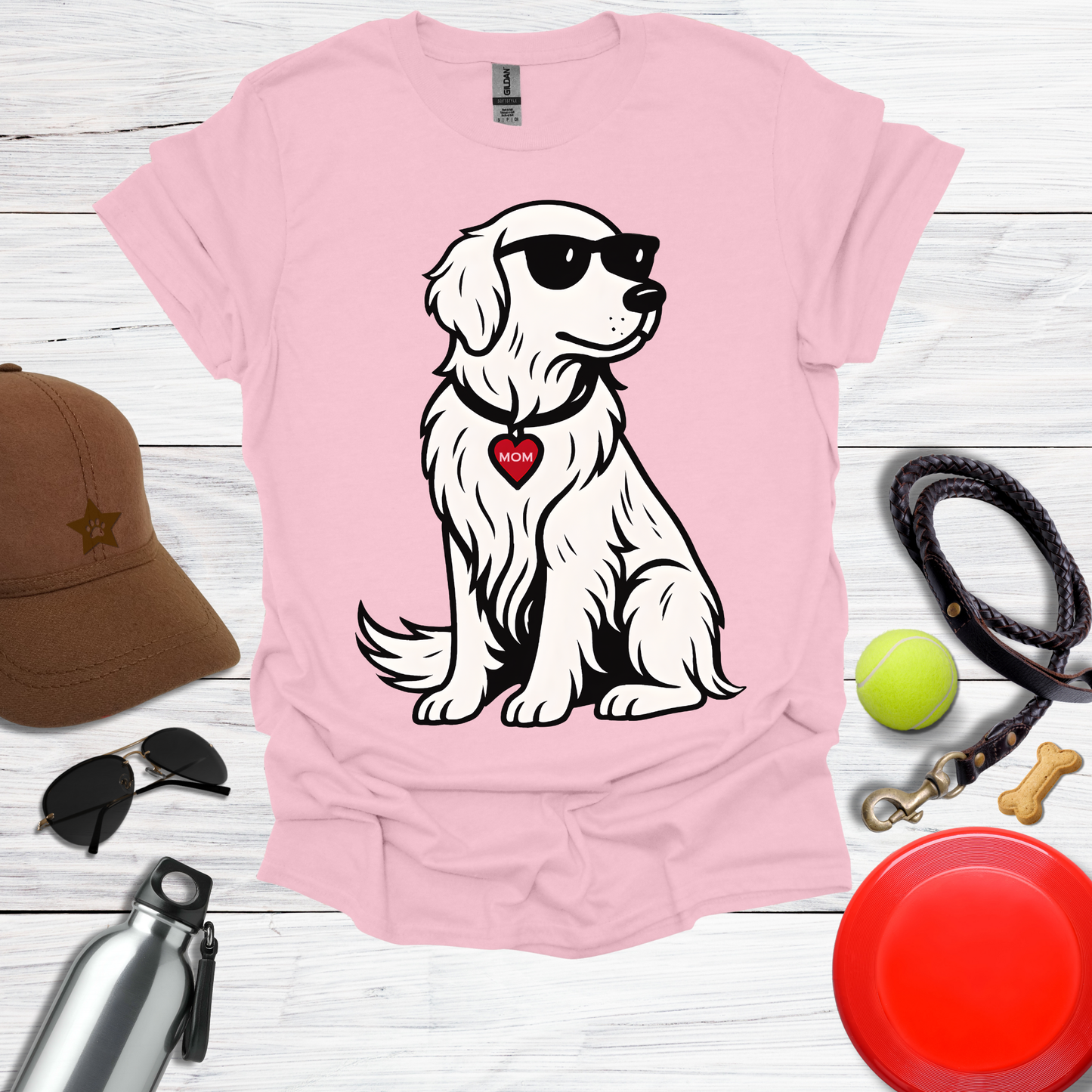 Cool Golden Retriever with Sunglasses and MOM Heart Tag T-Shirt