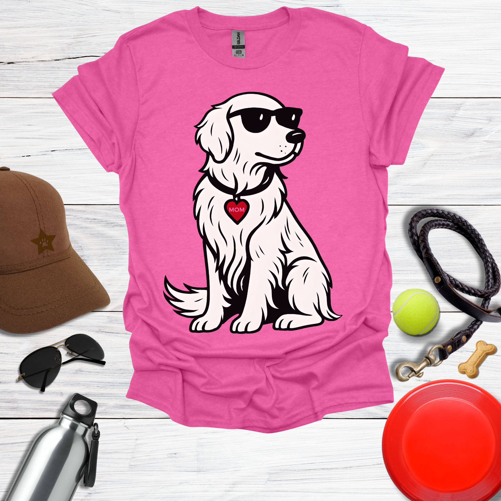 Cool Golden Retriever with Sunglasses and MOM Heart Tag T-Shirt
