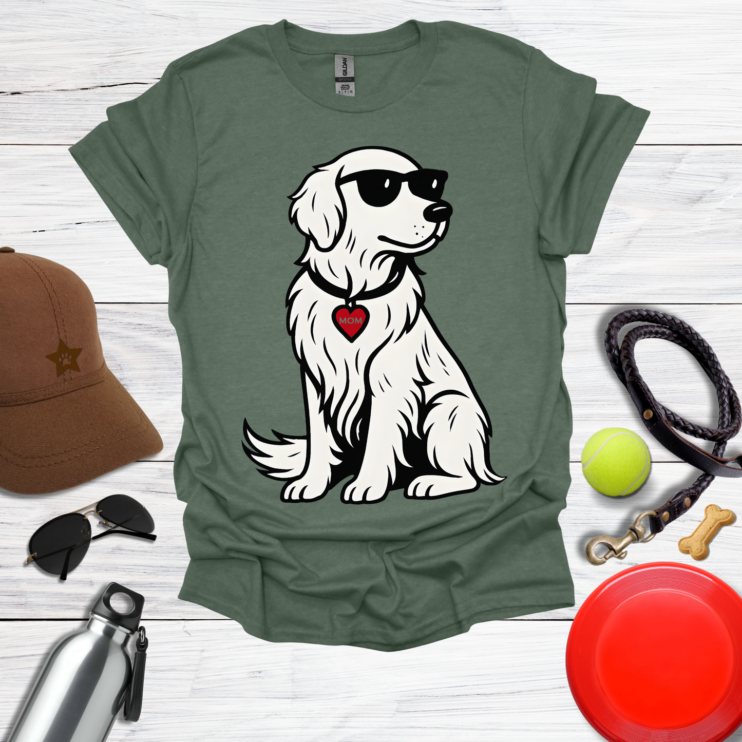 Cool Golden Retriever with Sunglasses and MOM Heart Tag T-Shirt
