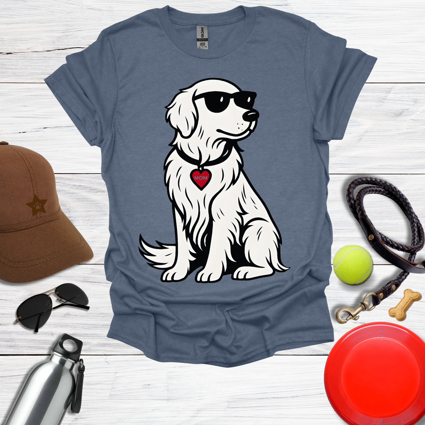 Cool Golden Retriever with Sunglasses and MOM Heart Tag T-Shirt