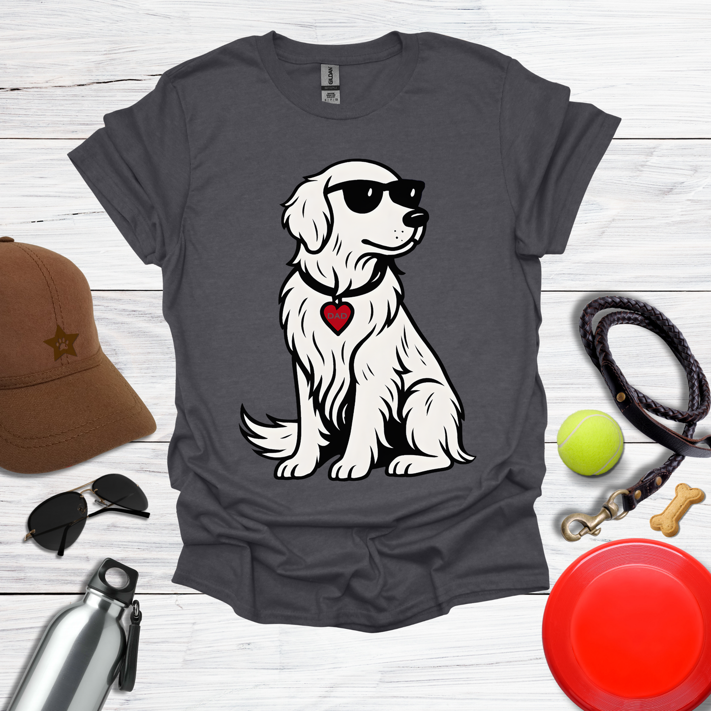 Cool Golden Retriever with Sunglasses and DAD Heart Tag T-Shirt