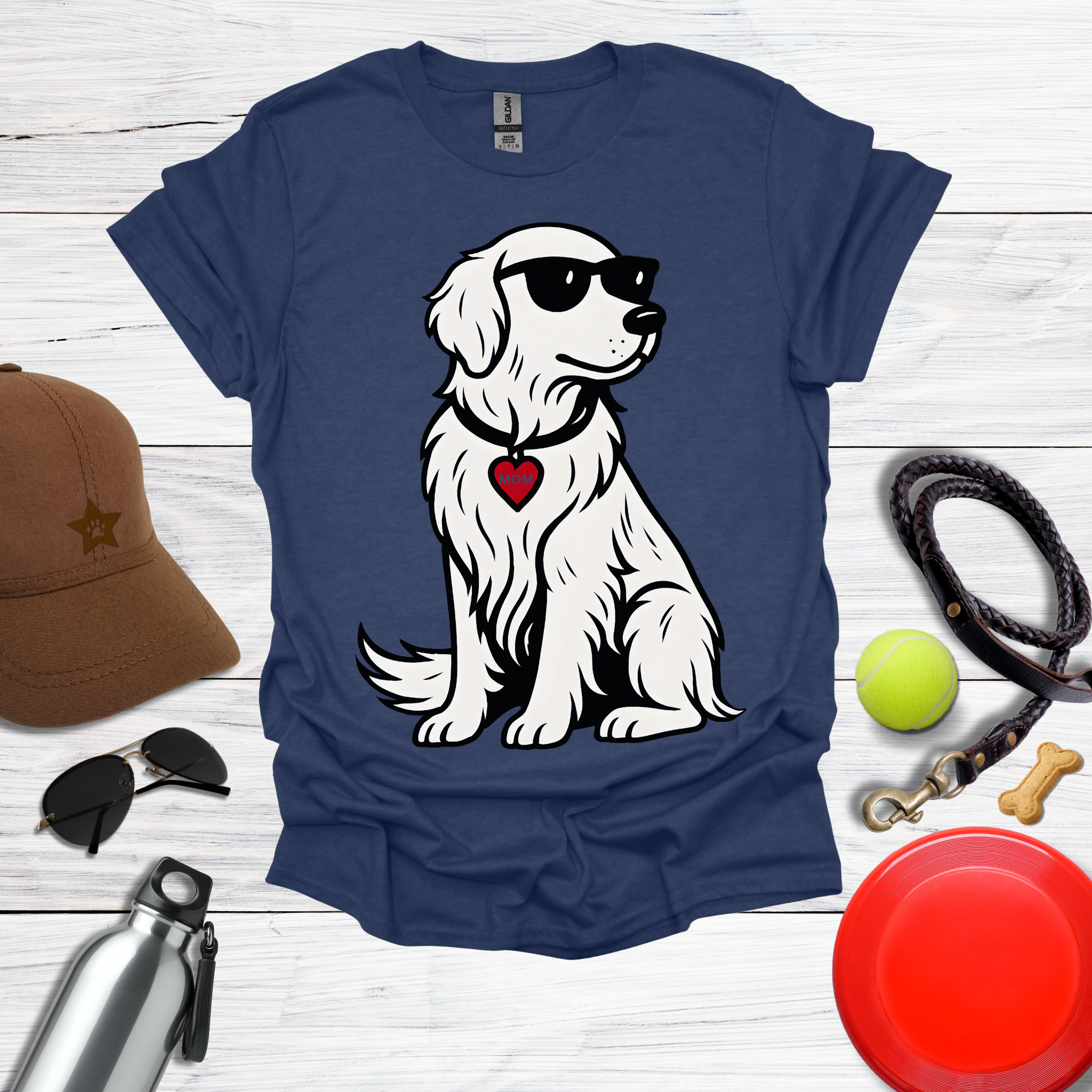 Cool Golden Retriever with Sunglasses and MOM Heart Tag T-Shirt
