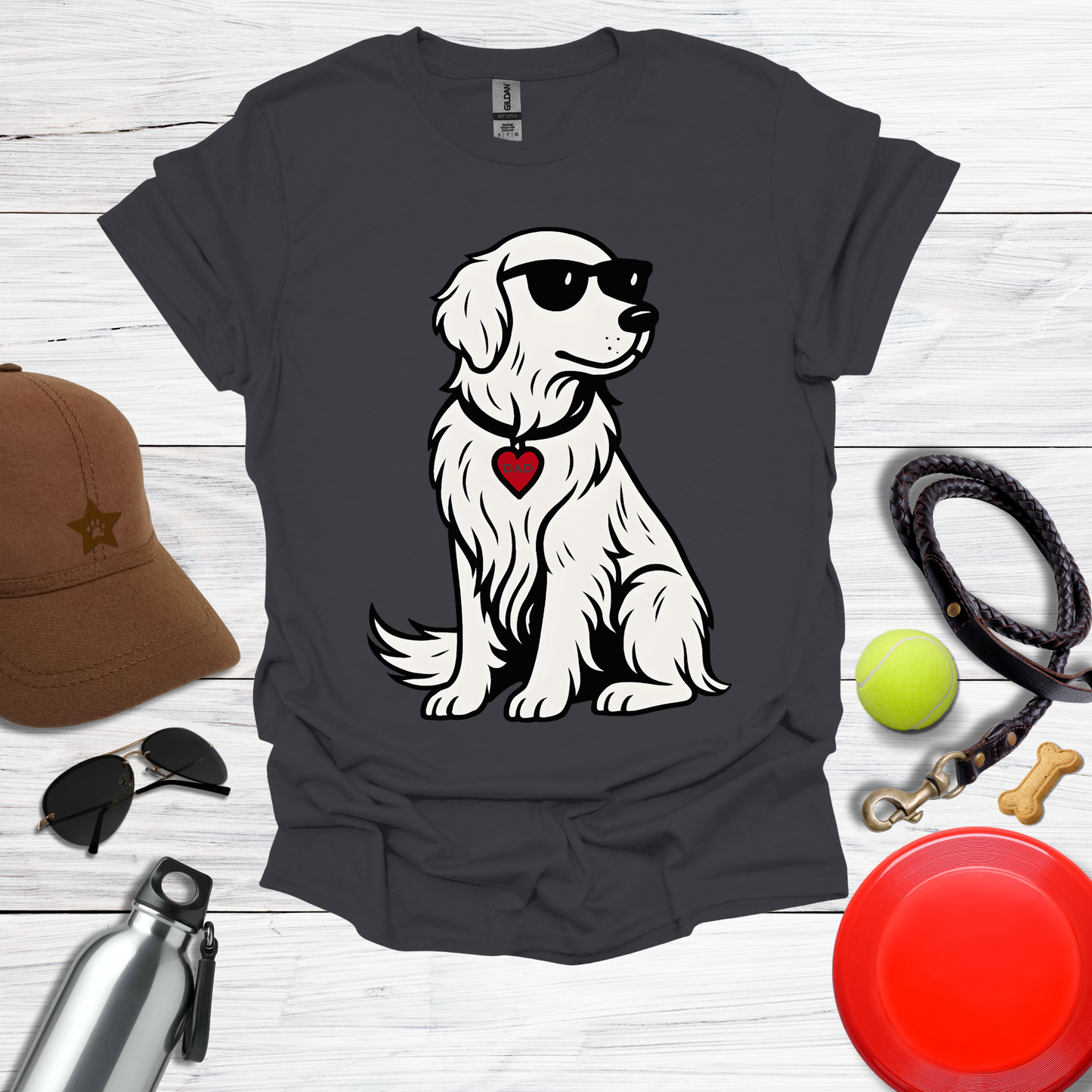 Cool Golden Retriever with Sunglasses and DAD Heart Tag T-Shirt