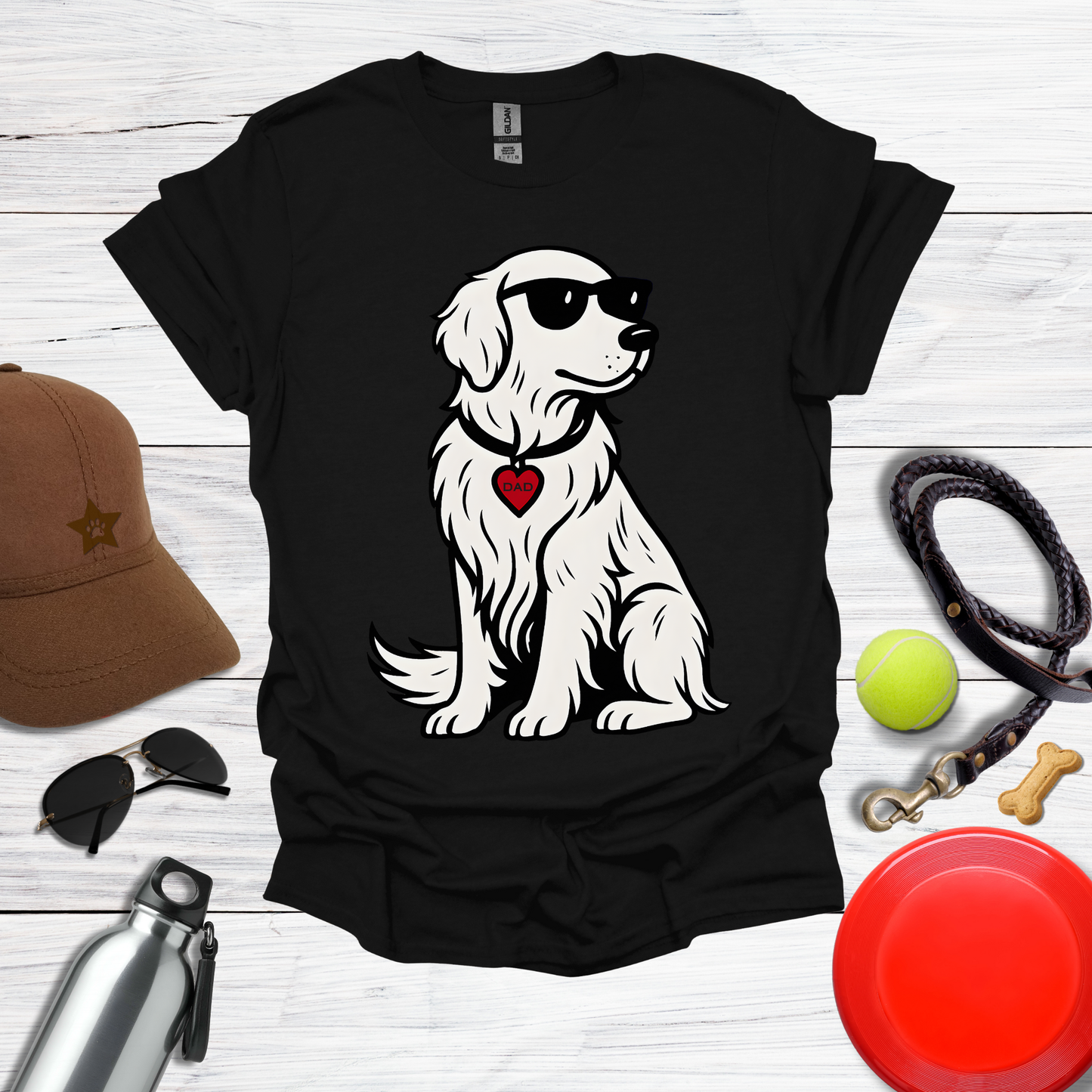 Cool Golden Retriever with Sunglasses and DAD Heart Tag T-Shirt