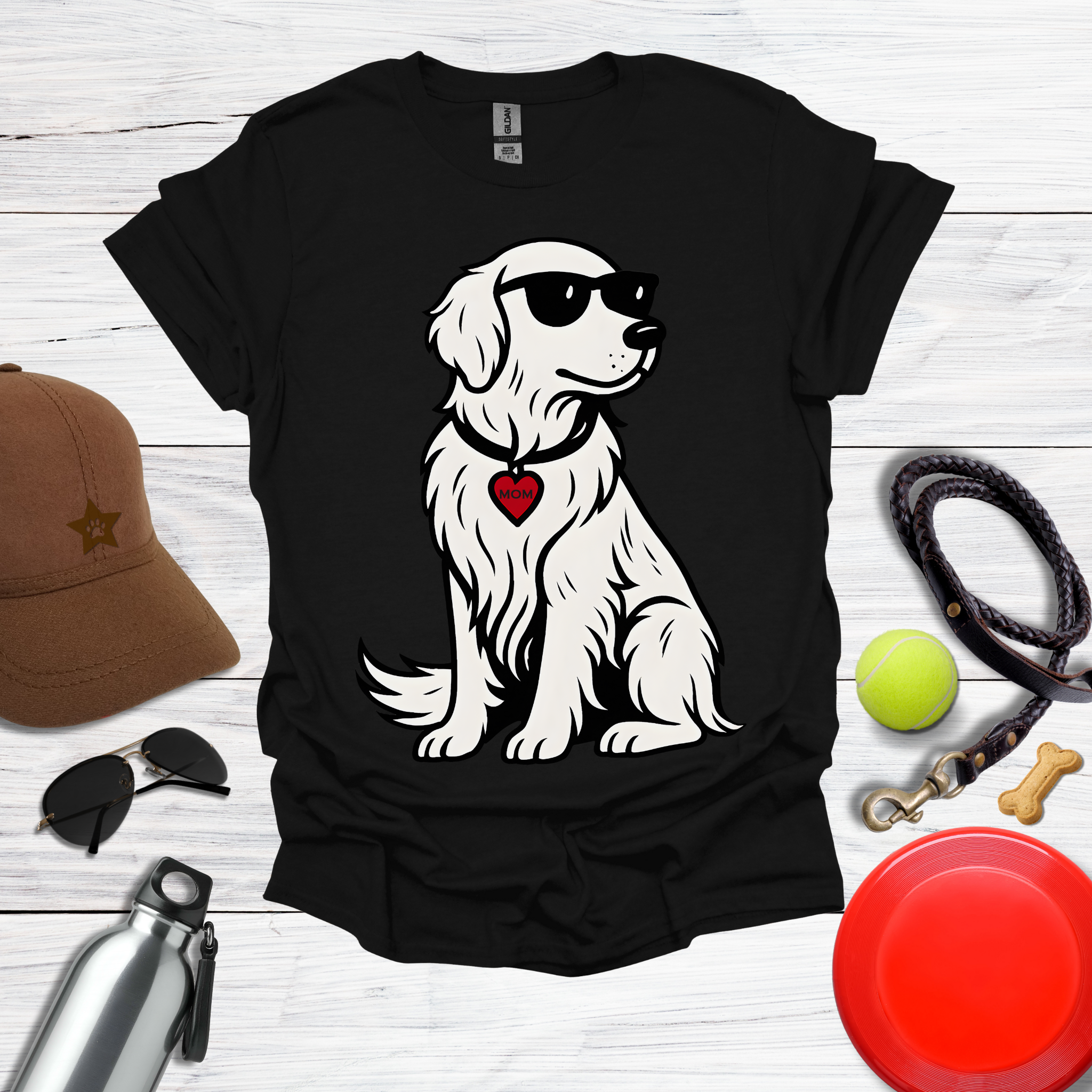 Cool Golden Retriever with Sunglasses and MOM Heart Tag T-Shirt