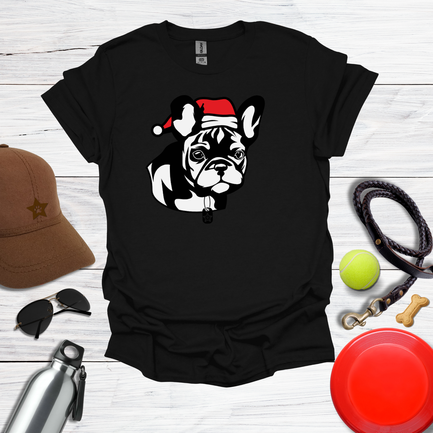 Cute French Bulldog Pup in Santa Hat T-Shirt