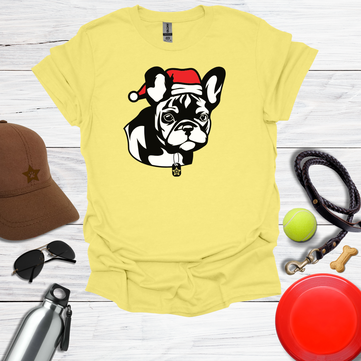 Cute French Bulldog Pup in Santa Hat T-Shirt