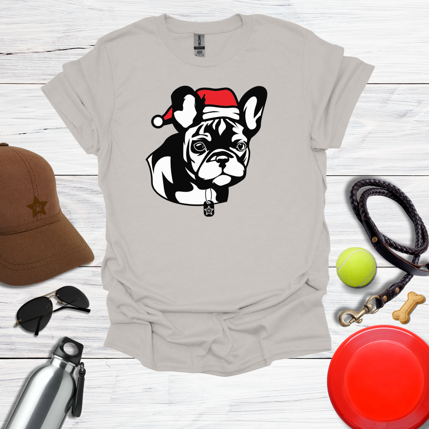 Cute French Bulldog Pup in Santa Hat T-Shirt