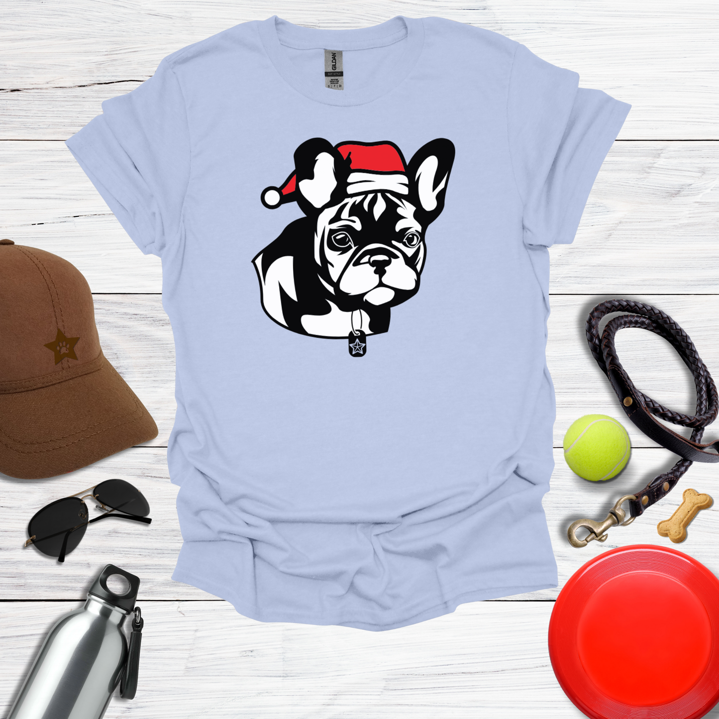 Cute French Bulldog Pup in Santa Hat T-Shirt