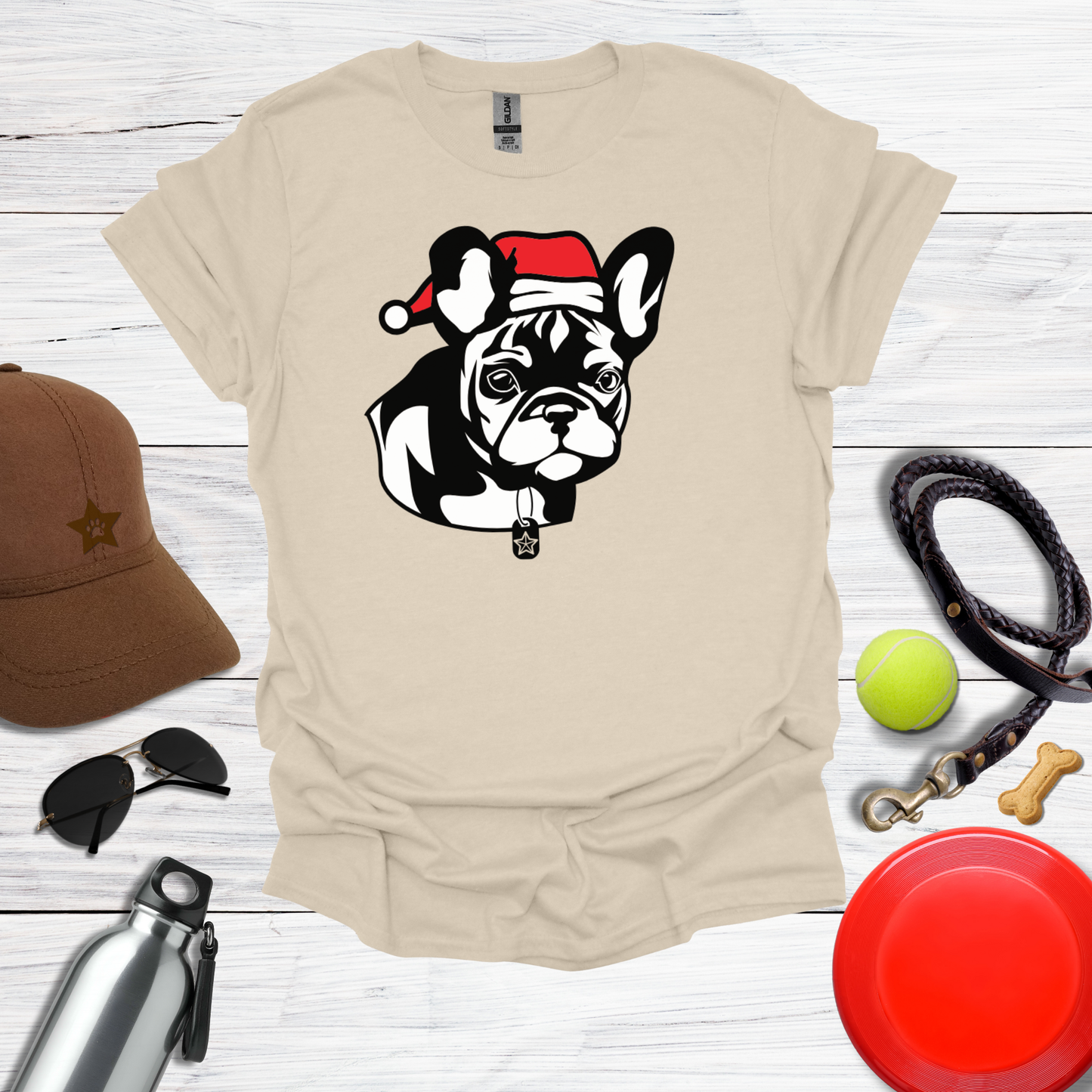 Cute French Bulldog Pup in Santa Hat T-Shirt