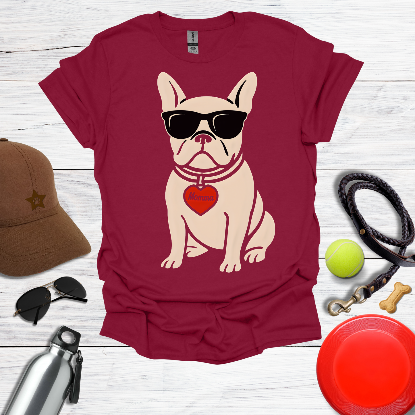 Cool French Bulldog with Momma Heart & Sunglasses T-Shirt