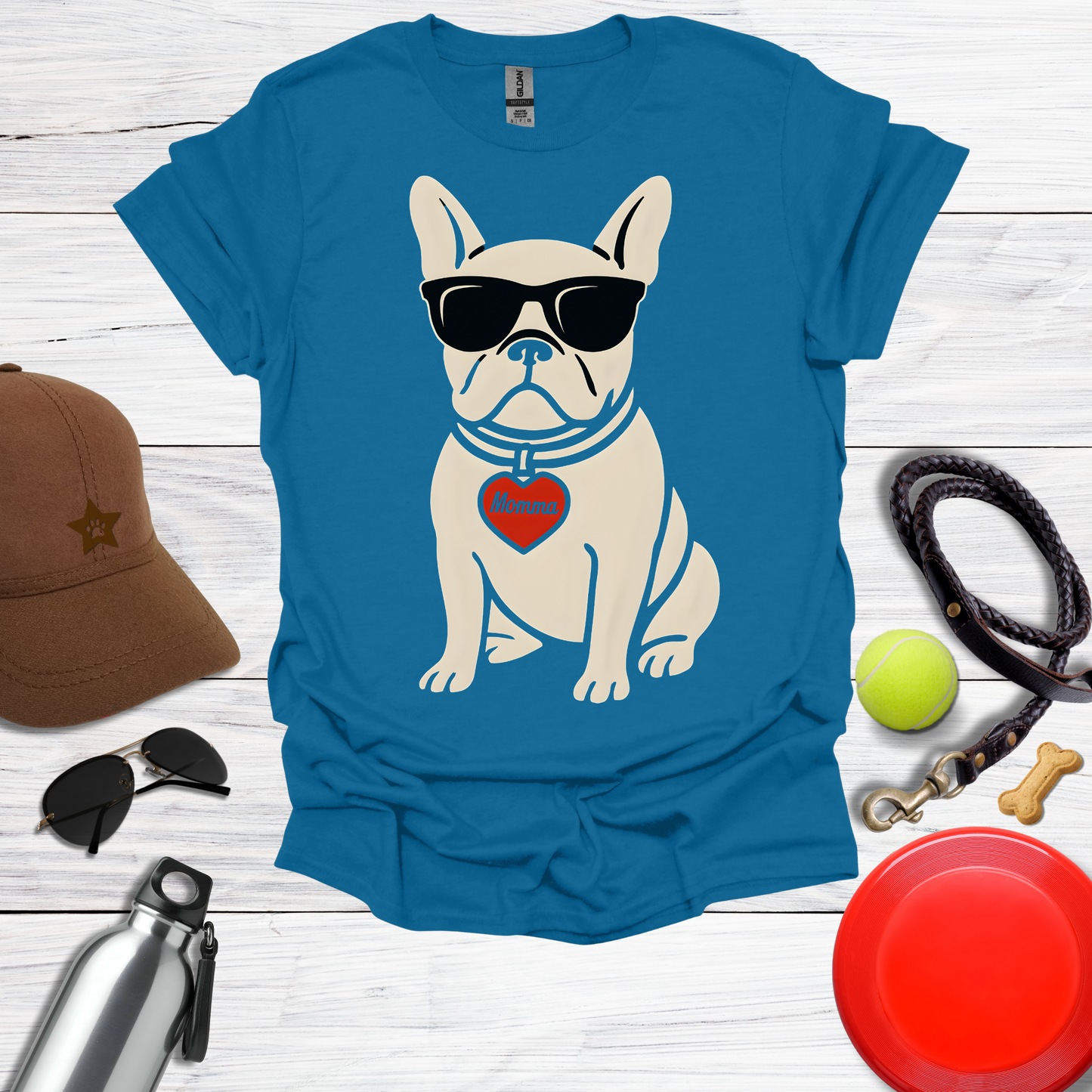 Cool French Bulldog with Momma Heart & Sunglasses T-Shirt