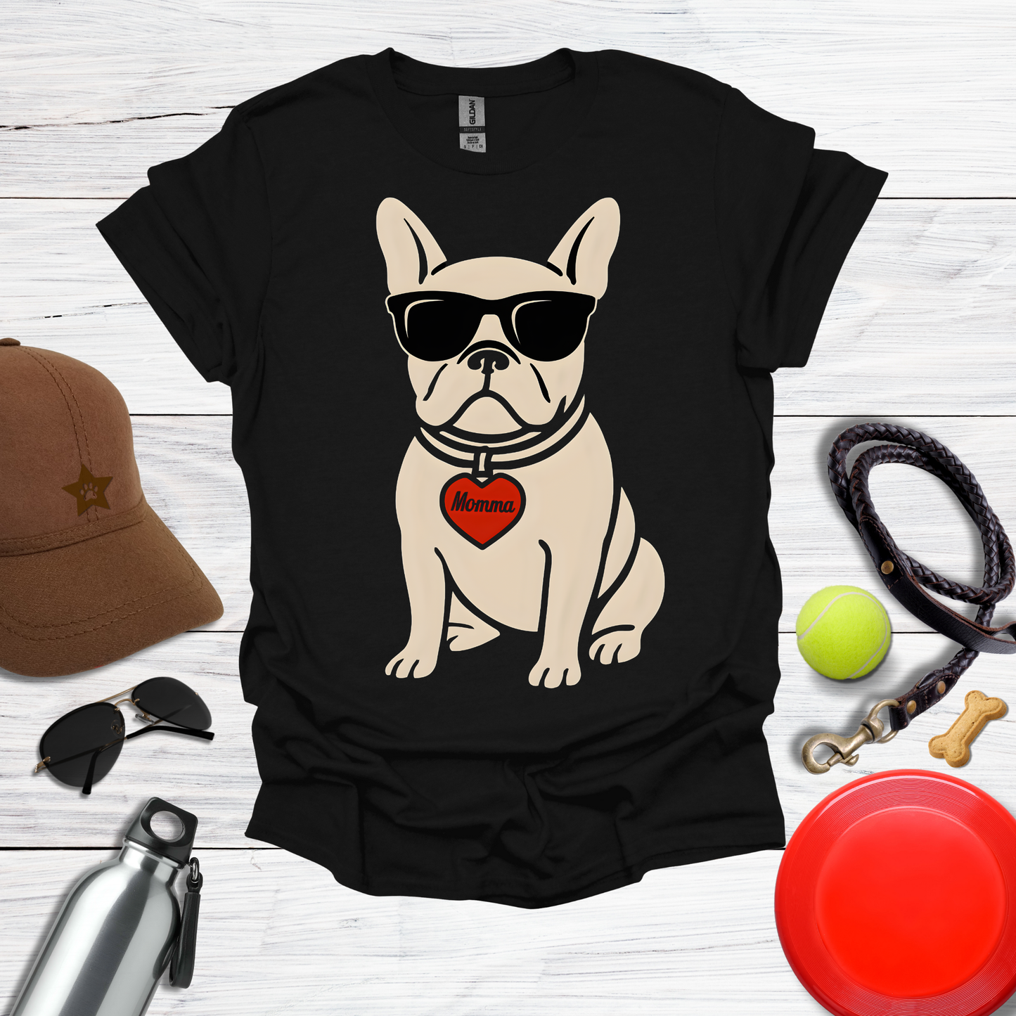 Cool French Bulldog with Momma Heart & Sunglasses T-Shirt