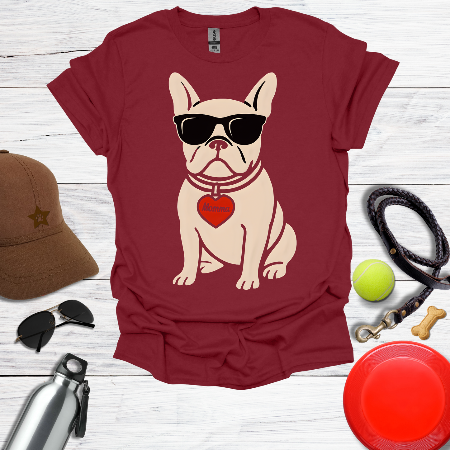 Cool French Bulldog with Momma Heart & Sunglasses T-Shirt