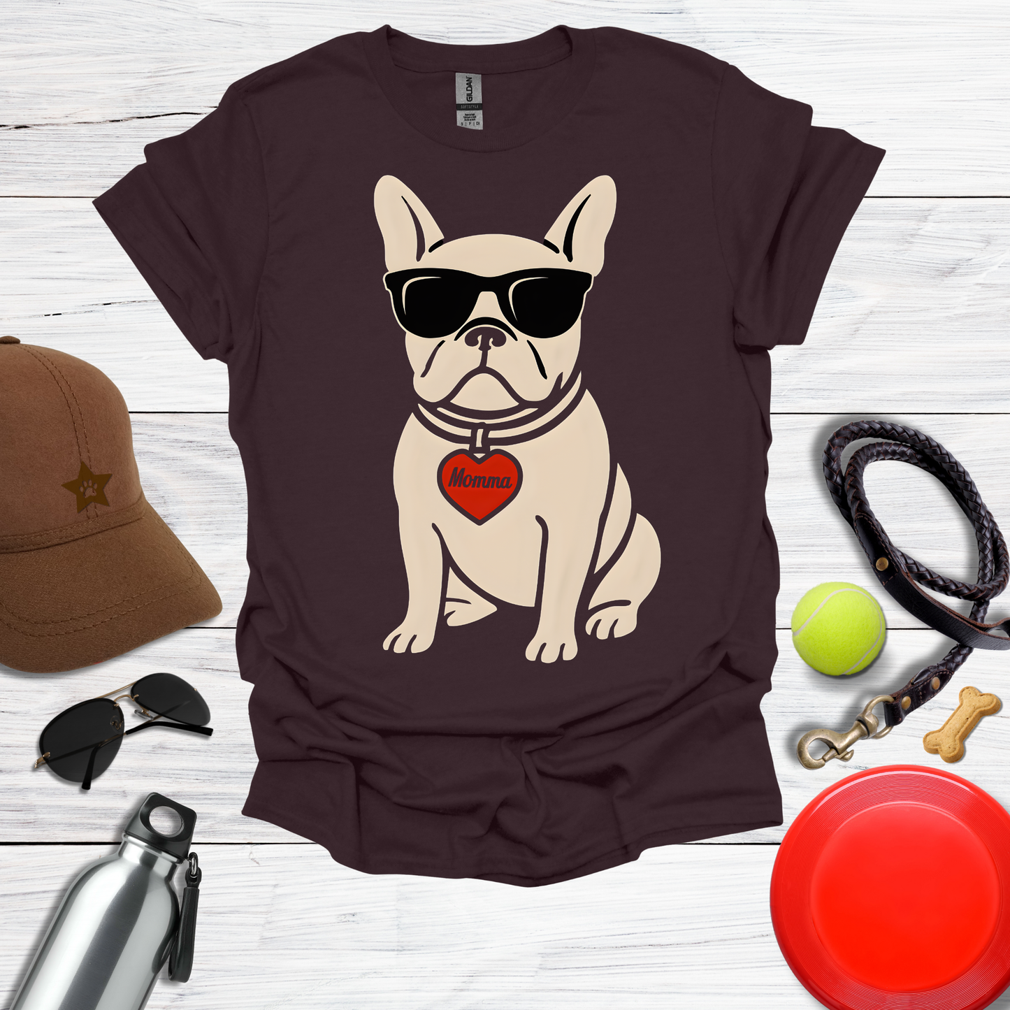 Cool French Bulldog with Momma Heart & Sunglasses T-Shirt