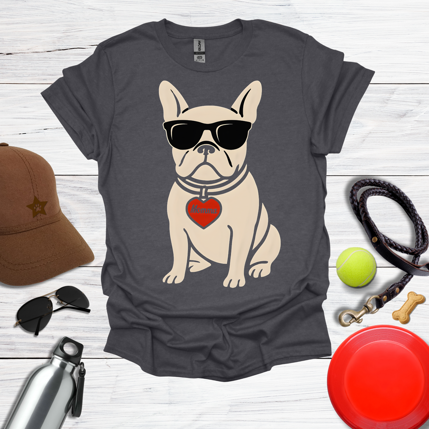 Cool French Bulldog with Momma Heart & Sunglasses T-Shirt