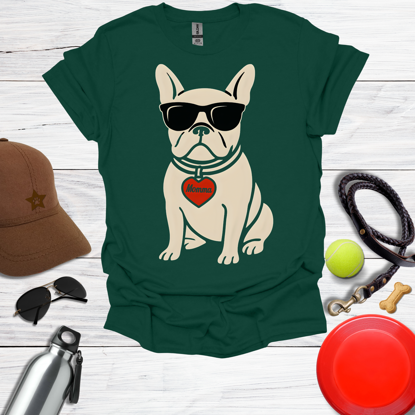 Cool French Bulldog with Momma Heart & Sunglasses T-Shirt