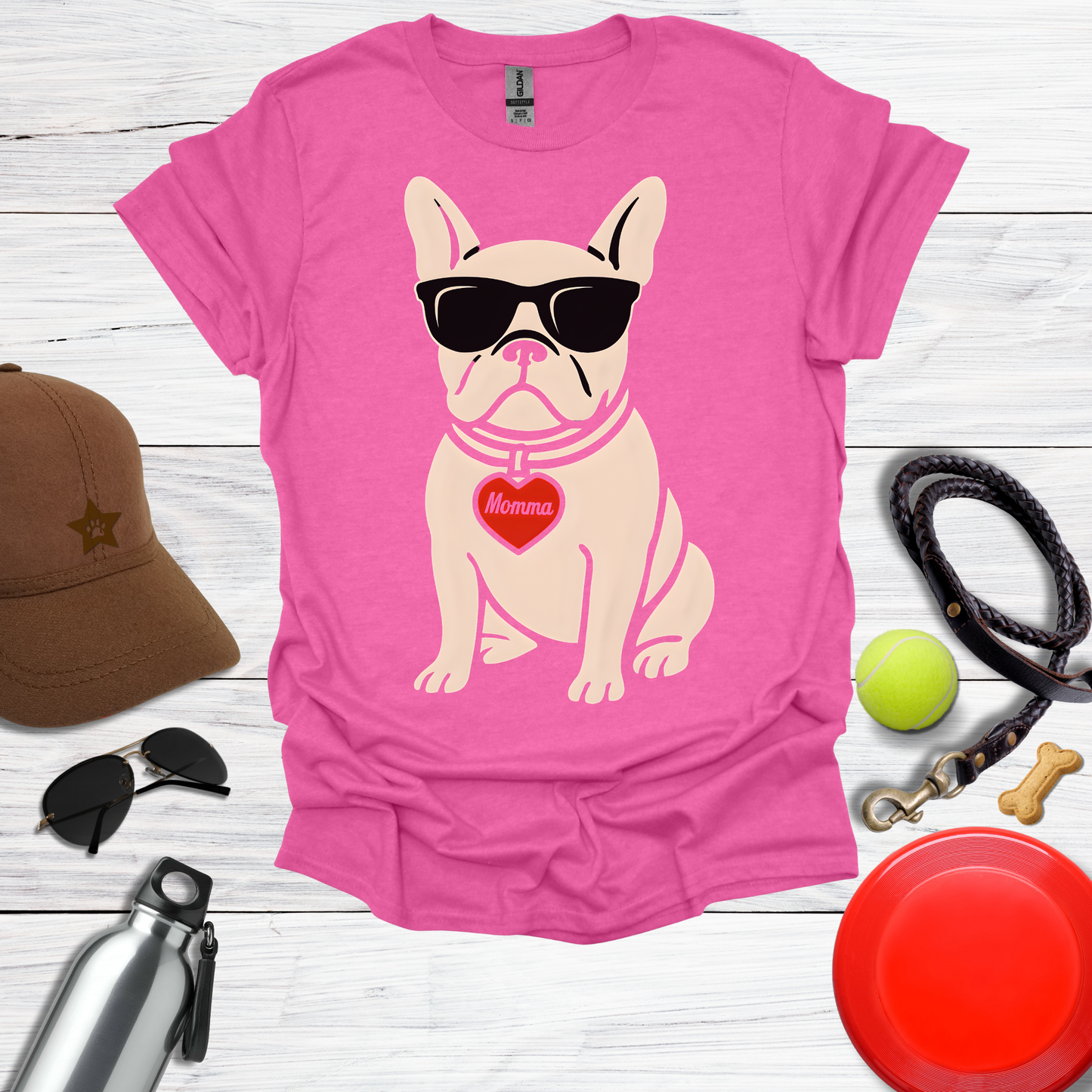 Cool French Bulldog with Momma Heart & Sunglasses T-Shirt
