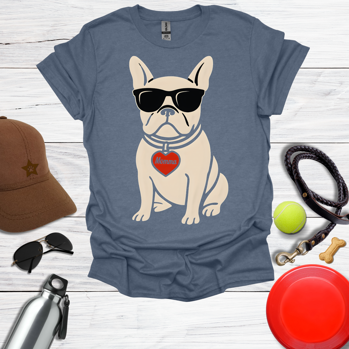 Cool French Bulldog with Momma Heart & Sunglasses T-Shirt
