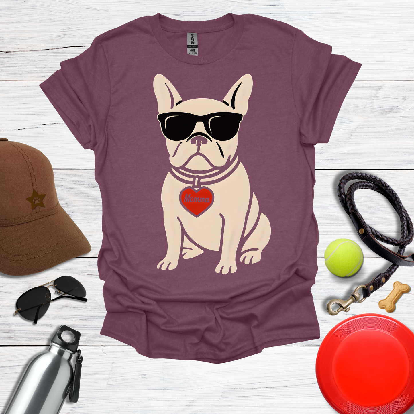 Cool French Bulldog with Momma Heart & Sunglasses T-Shirt