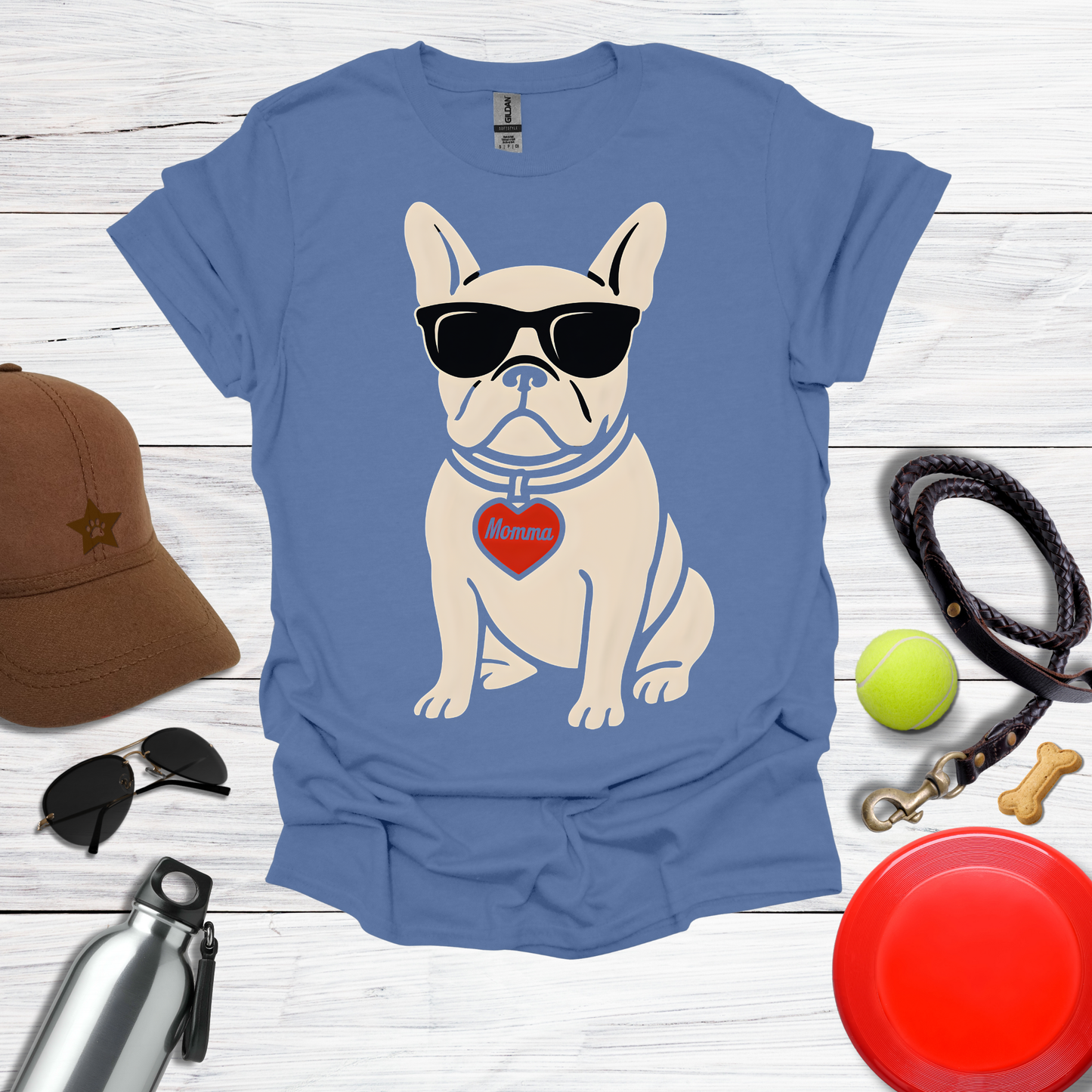 Cool French Bulldog with Momma Heart & Sunglasses T-Shirt