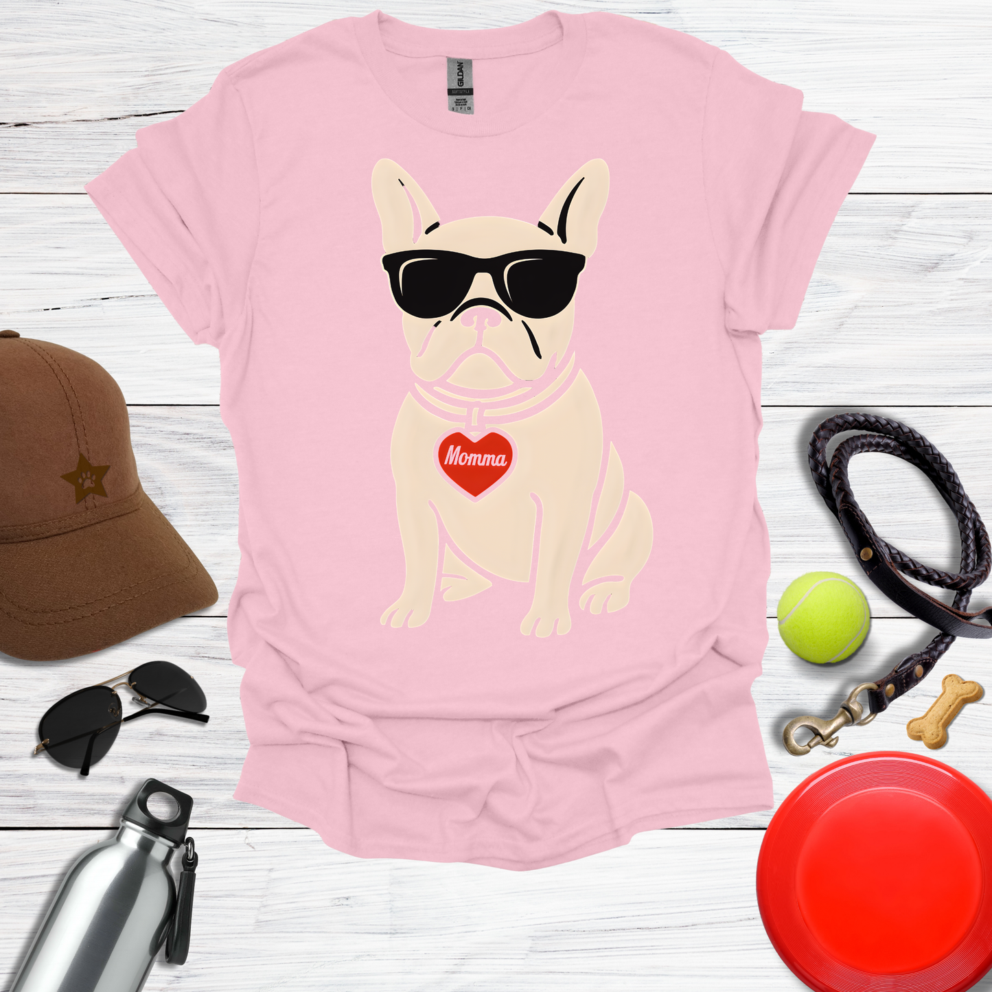 Cool French Bulldog with Momma Heart & Sunglasses T-Shirt