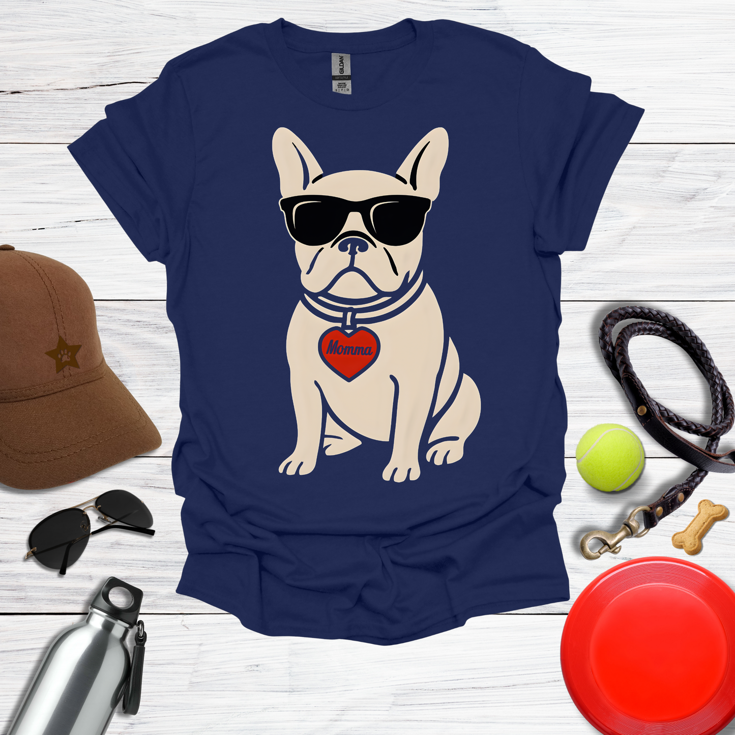 Cool French Bulldog with Momma Heart & Sunglasses T-Shirt