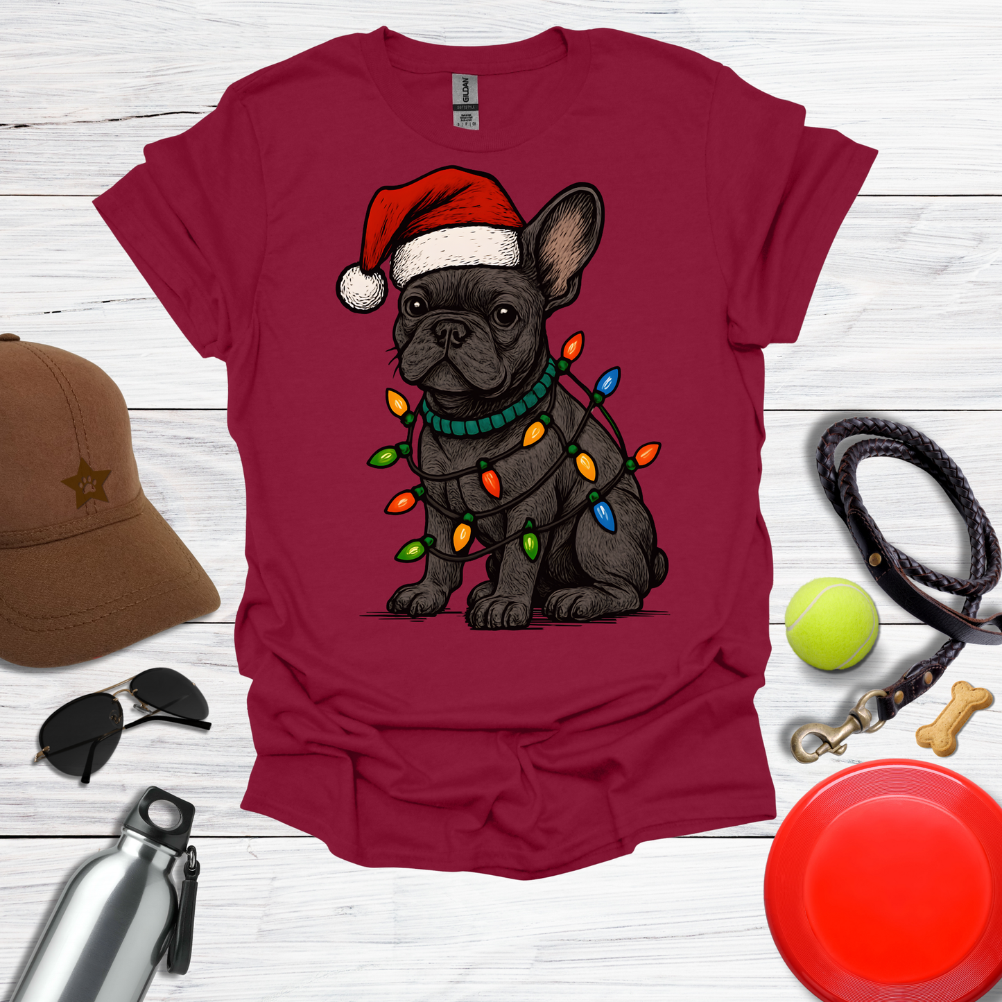 Festive Pup in Santa Hat with Holiday Lights T-Shirt