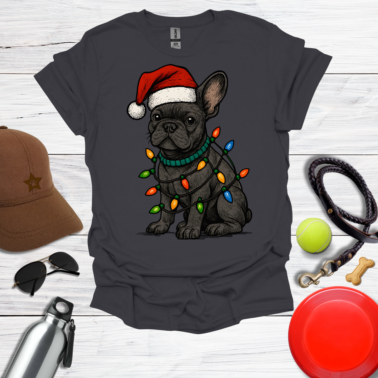 Festive Pup in Santa Hat with Holiday Lights T-Shirt